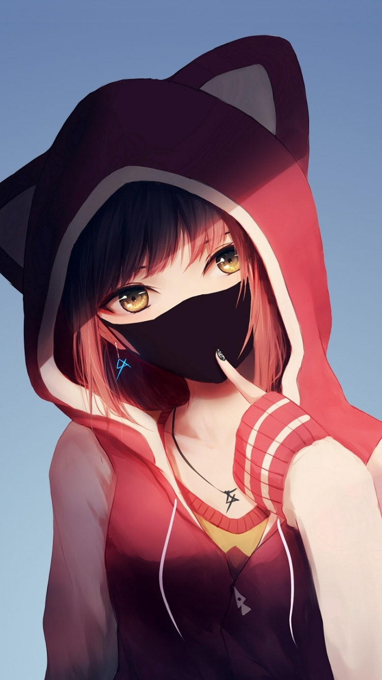 Download 750x1334 wallpaper anime girl in hoodie, mask, original, iphone iphone 750x1334 HD image, background, 6571
