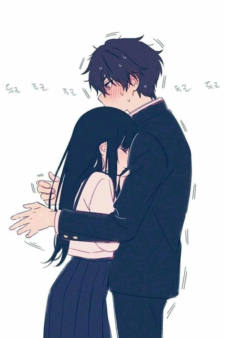 cute anime couple wallpaper,anime,black hair,cartoon,gesture,illustration,long hair,hime cut,hug,