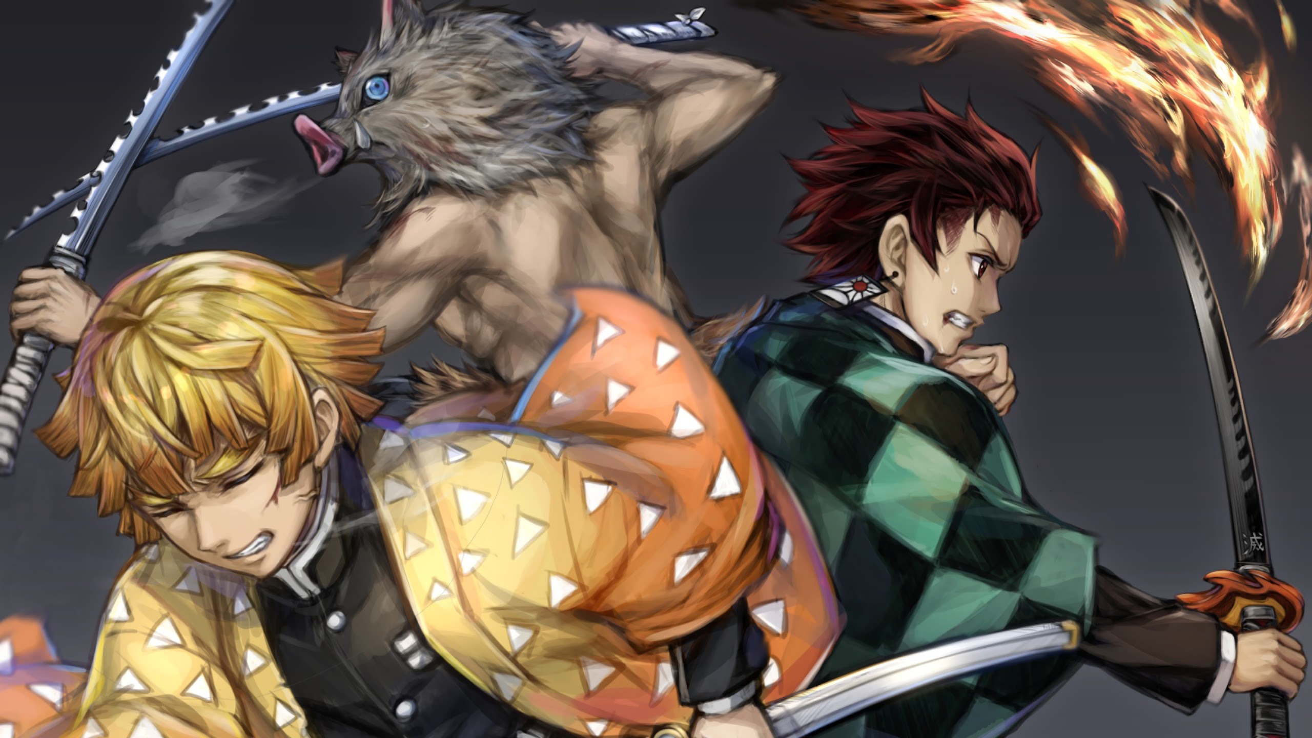 Zenitsu Tanjiro Inosuke Kimetsu no Yaiba 4K Wallpaper