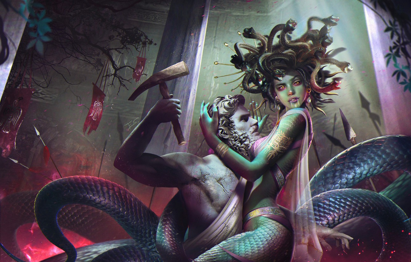 Wallpaper snakes, woman, statue, monster, art, myth, The Gorgon Medusa, medusa gorgon image for desktop, section фантастика