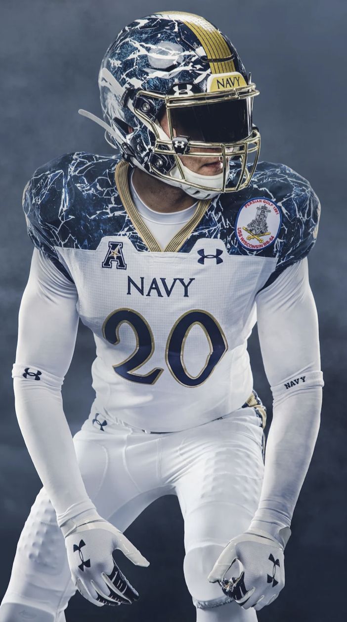 Navy Midshipmen special football uniforms celebrating the Naval Academy's 175th anniversary. College football uniforms, Nfl football art, Football uniforms
