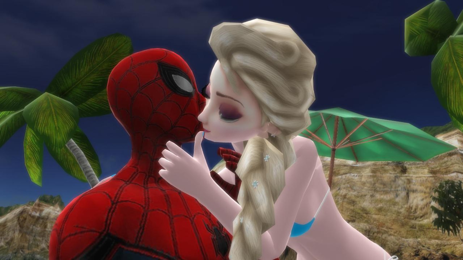 Spiderman And Elsa Kiss.
