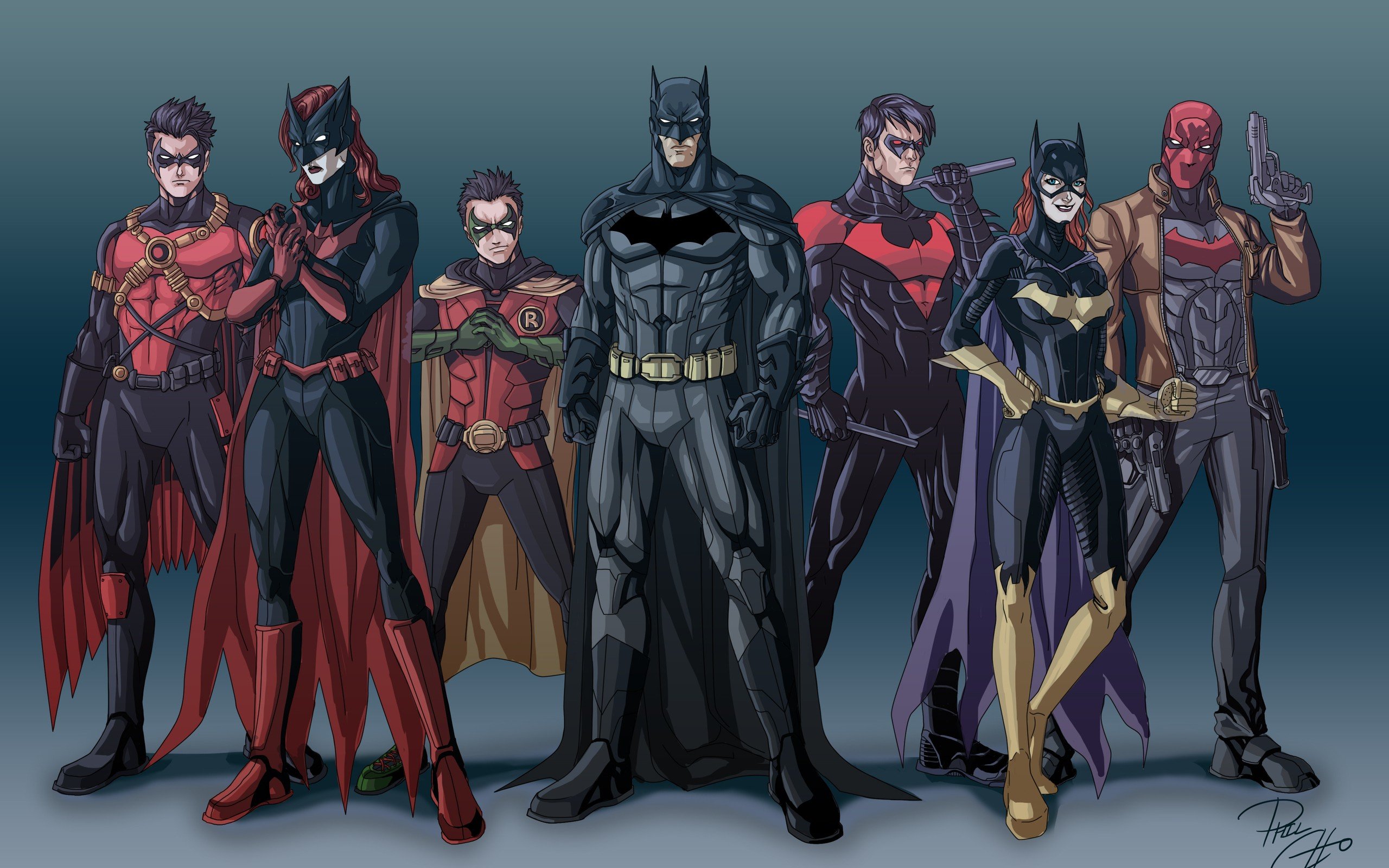 2560x1600 artwork, batgirl, batman, batwoman, bodysuit, comics, hood, justice, league, nightwing, red, robin, suit, superheroes