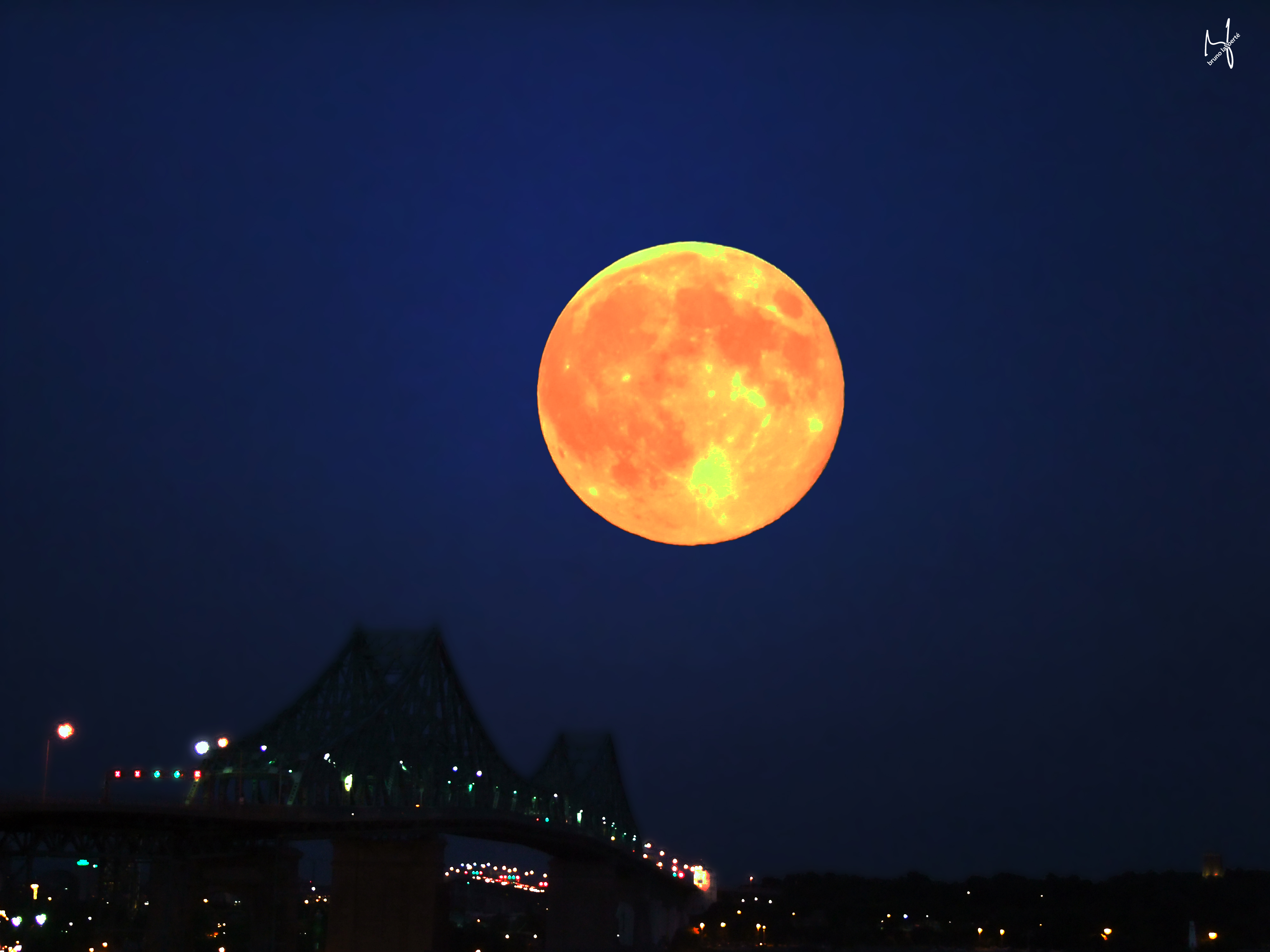 Wallpaper, Photohop, city, night, nature, sky, Moon, bridge, summer, dusk, Montreal, fujifilm, 2014, supermoon, fullmoon, nighttime, brunolalibert, atmosphere of earth, astronomical object, full moon, jacquescartierbridge 4000x3000