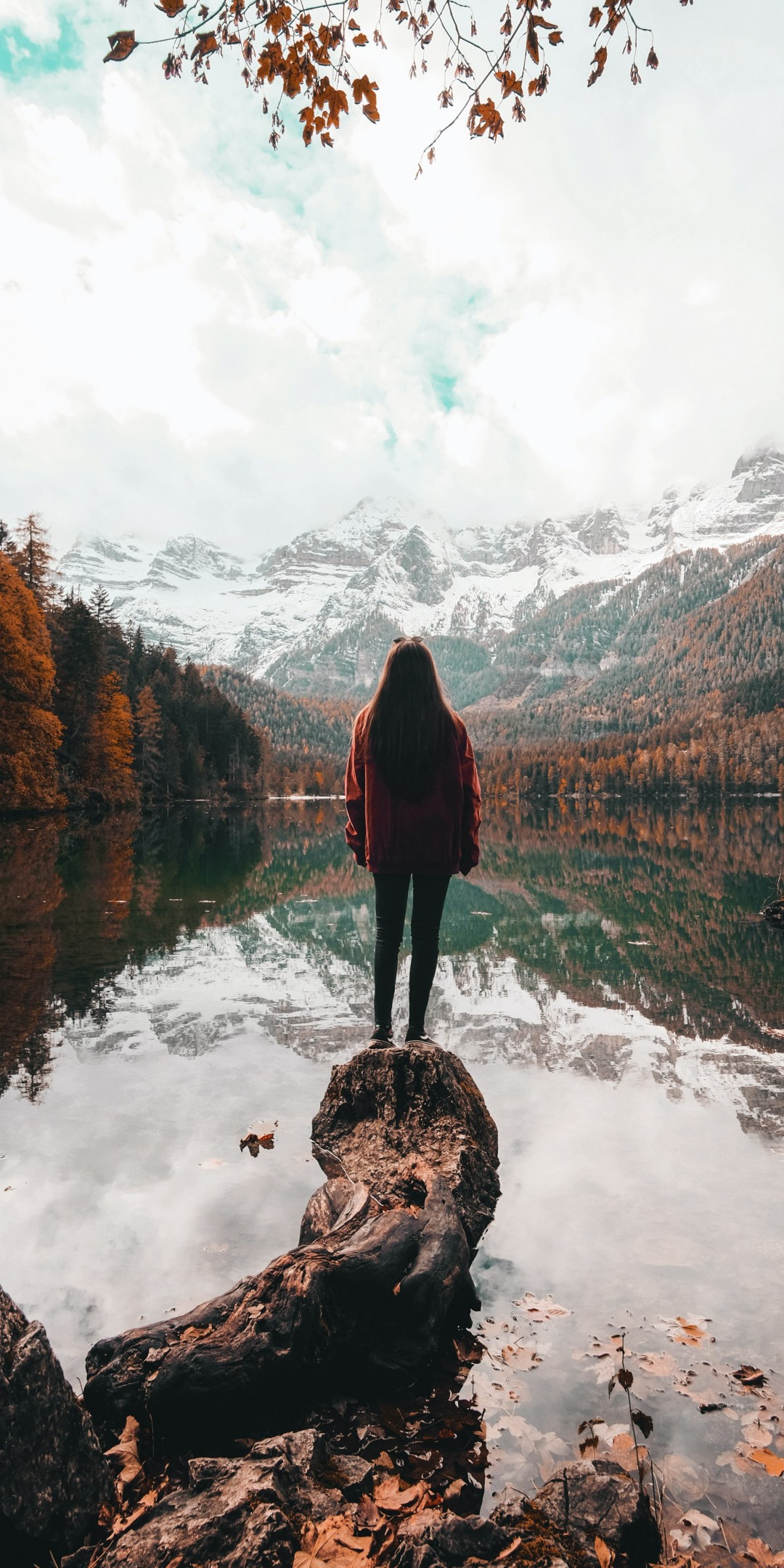 Download 1080x2160 Lonely Woman, Lake, Scenery, Autumn, Mountains, Snow, Winter Wallpaper for Huawei Mate 10
