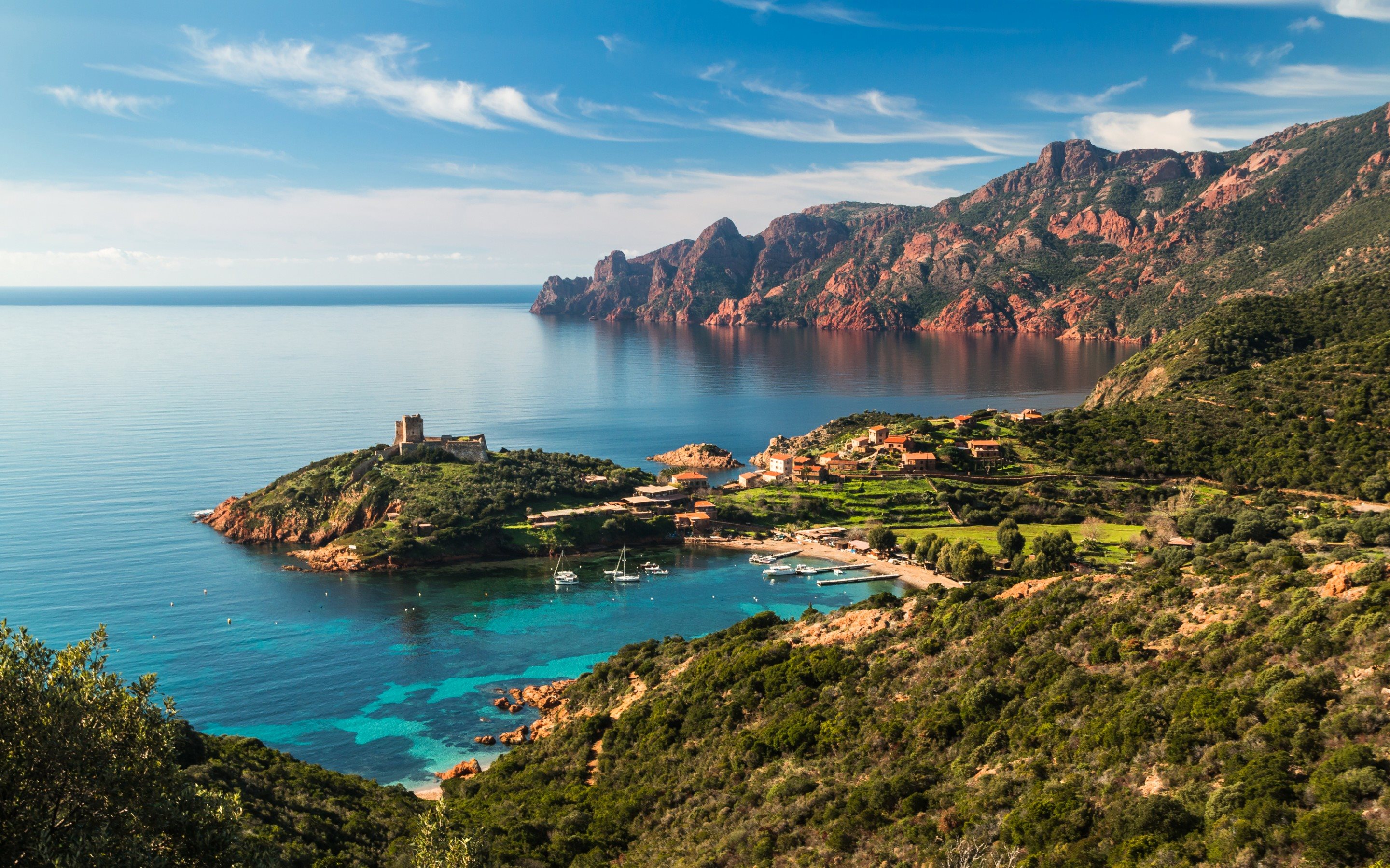 Download wallpaper Corsica, Mediterranean, coast, summer, castle, boat, France for desktop with resolution 2880x1800. High Quality HD picture wallpaper