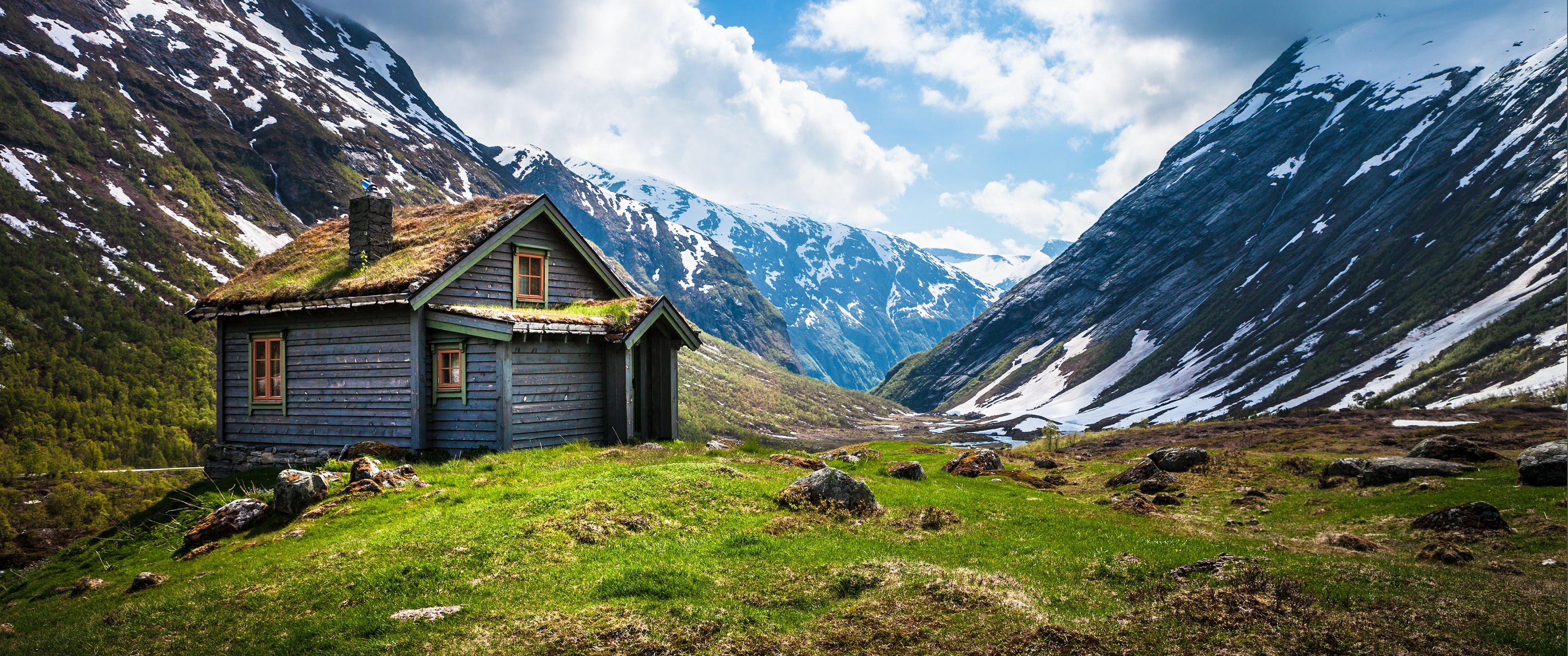 Valley House Wallpaper 4K, Wooden House, Cabin, Glacier mountains, Nature