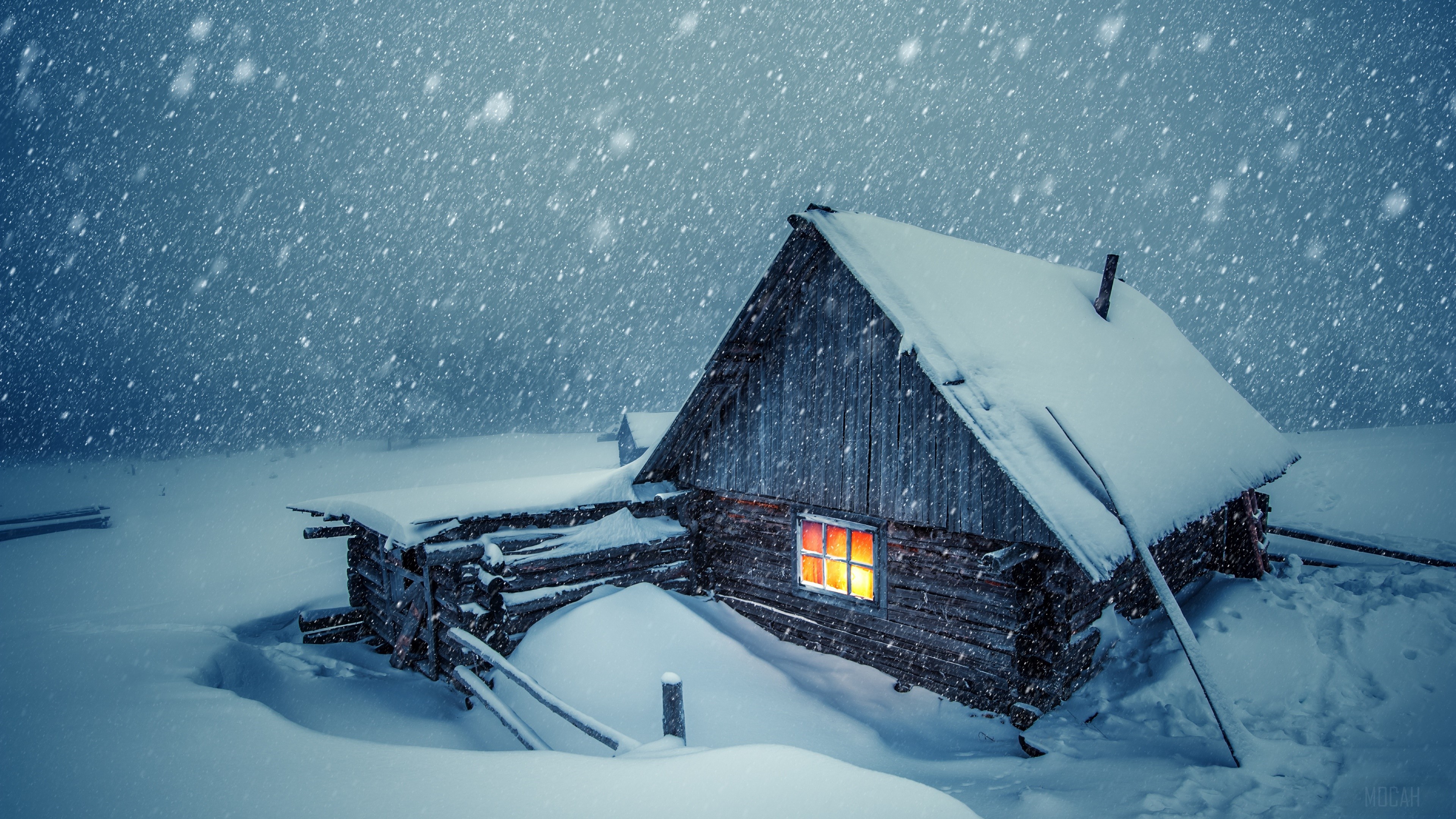 Cabin, Light, Snow, Window 4k wallpaper. Mocah HD Wallpaper