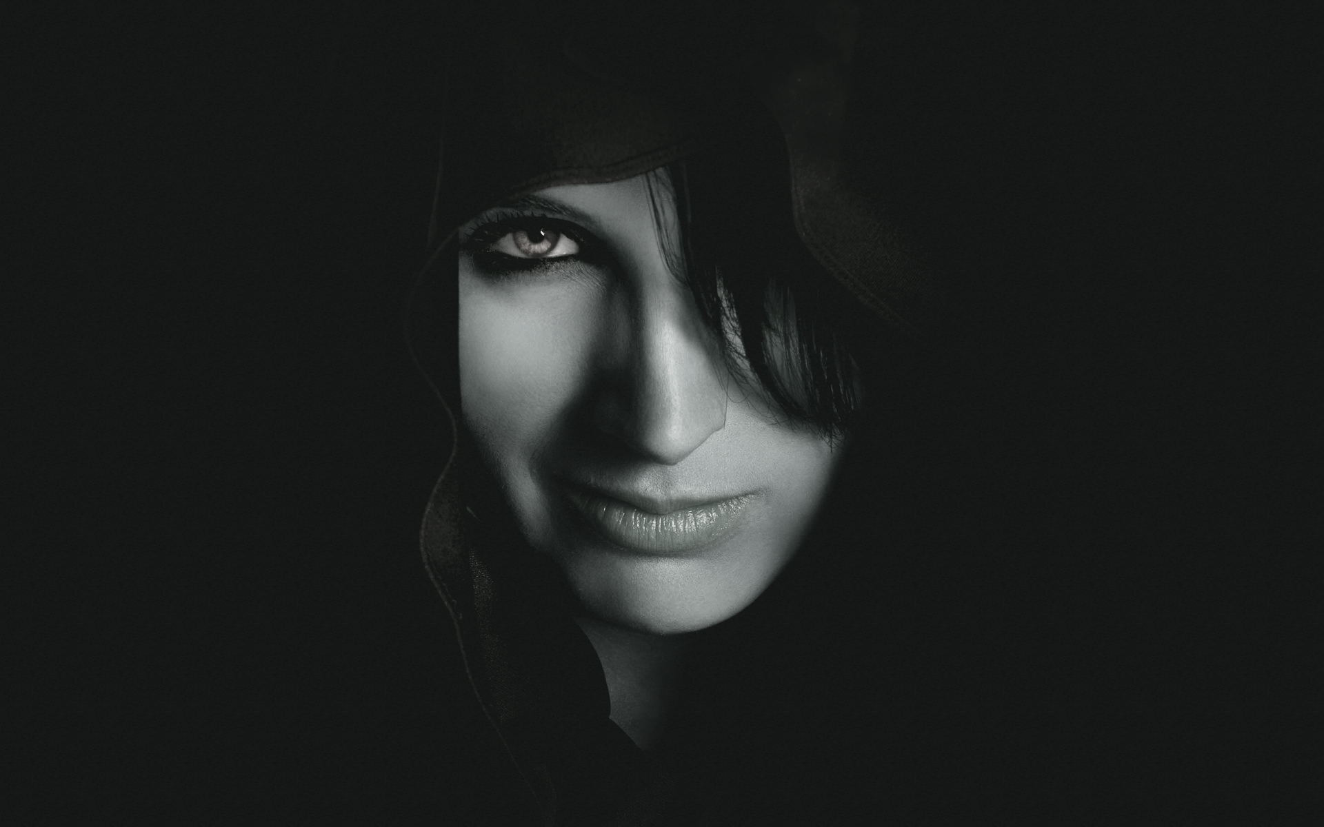 Wallpaper, black background, women, eye contact, dark, monochrome 1920x1200