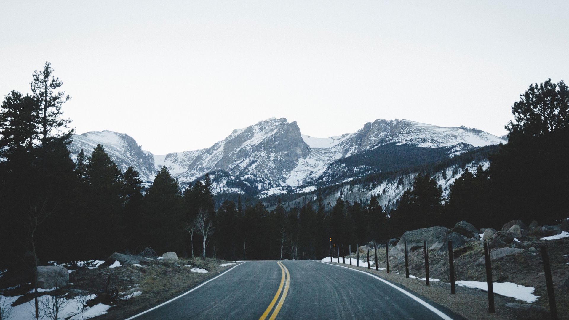 Desktop wallpaper road through mountains, trees, highway, HD image, picture, background, 9a4f98