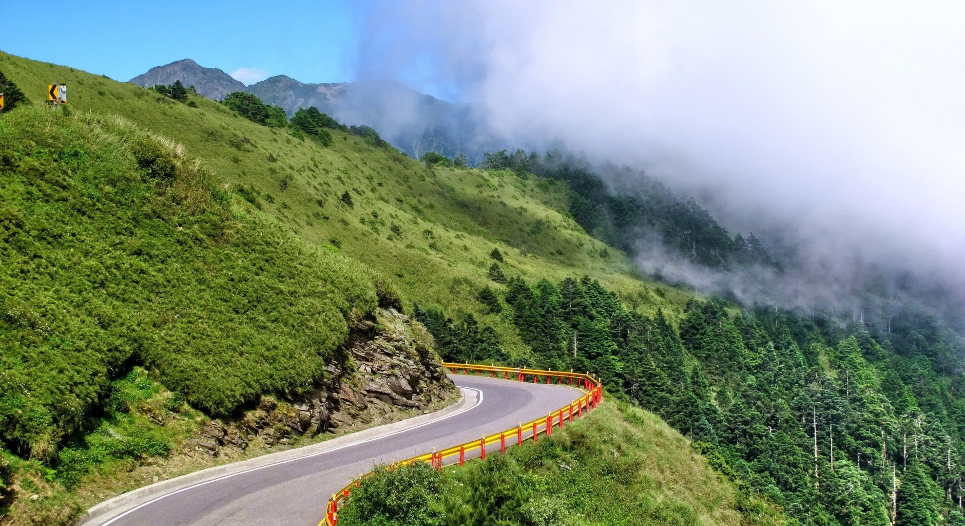 Download 1980x1080 Bend, Road, Trees, Clouds, Mountain Wallpaper