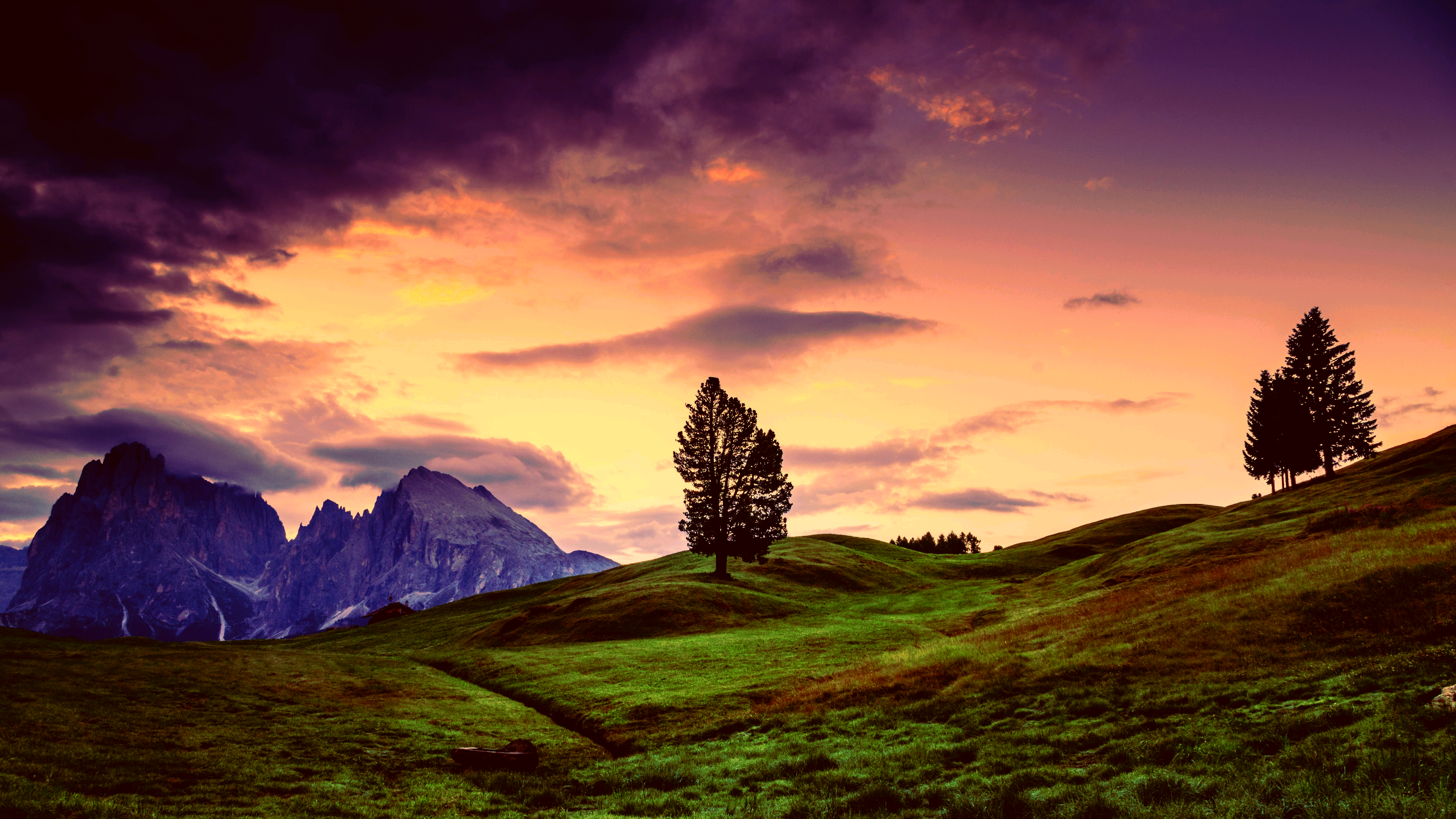 Wallpaper, landscape, mountains, green, grass, hills, trees, sky, clouds, purple, storm, stone 2560x1440