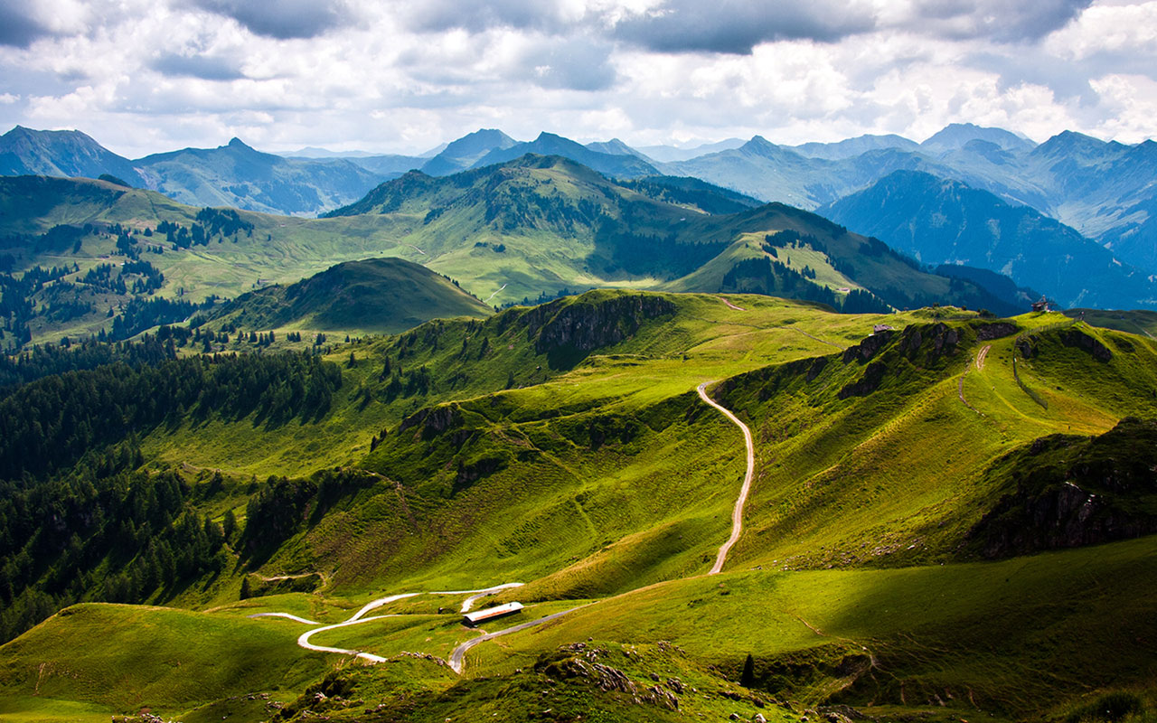 Mountains Trees Road House Sky wallpaper. Mountains Trees Road House Sky