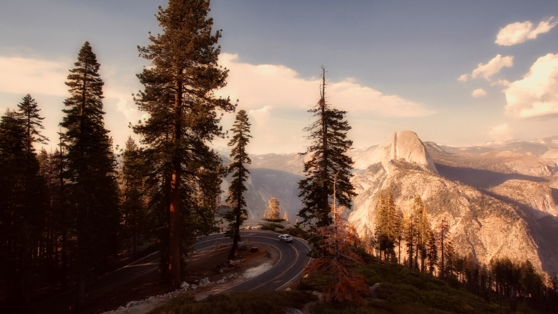 Desktop Wallpaper Yosemite National Park, Road, Trees, Mountains, HD Image, Picture, Background, 1a7e3c