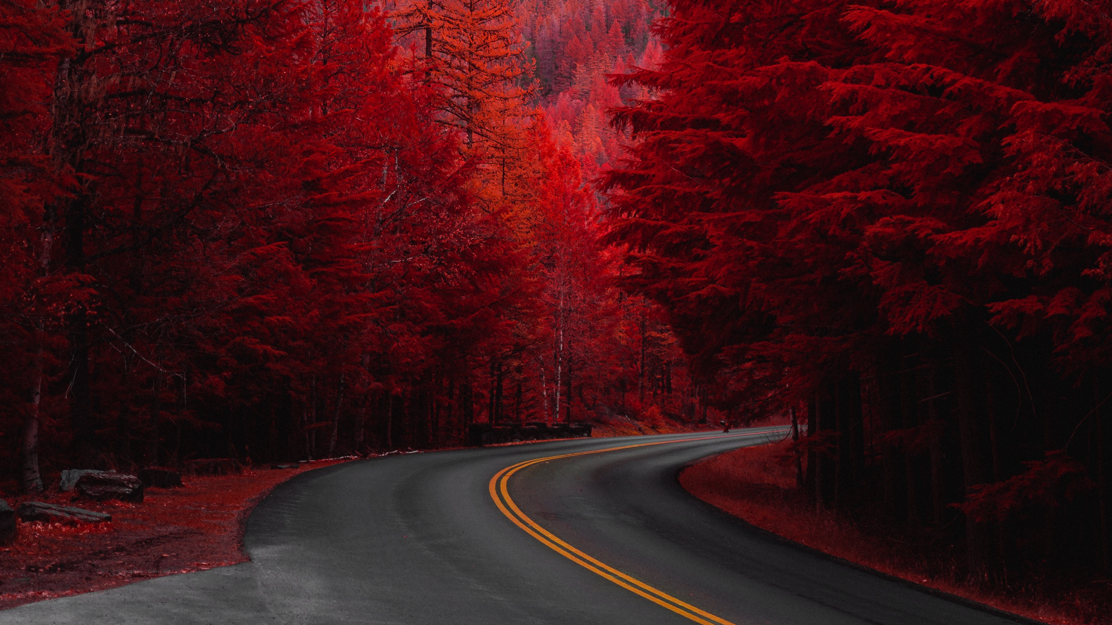 Download Wallpaper 3840x2160 red turn trees road landscape mountain wallpaper, background 4K UHD 16:9