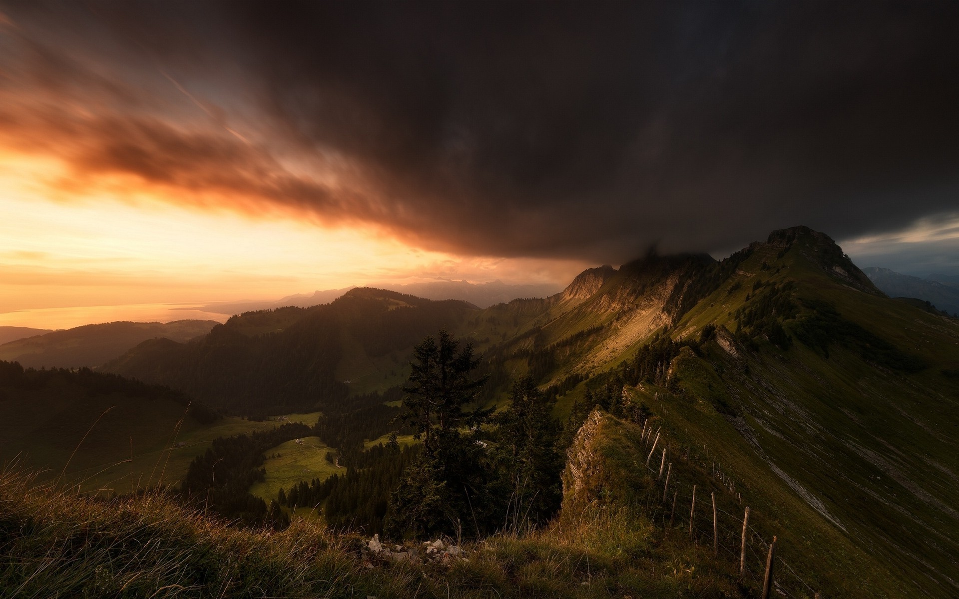 landscape, Nature, Mountain, Valley, Sunset, Clouds, Sky, Fence, Trees, Grass, Switzerland Wallpaper HD / Desktop and Mobile Background