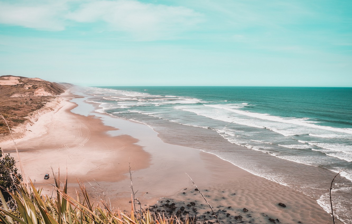 Photo Wallpaper Car, Waves, Beach, Sky, Sea, Ocean