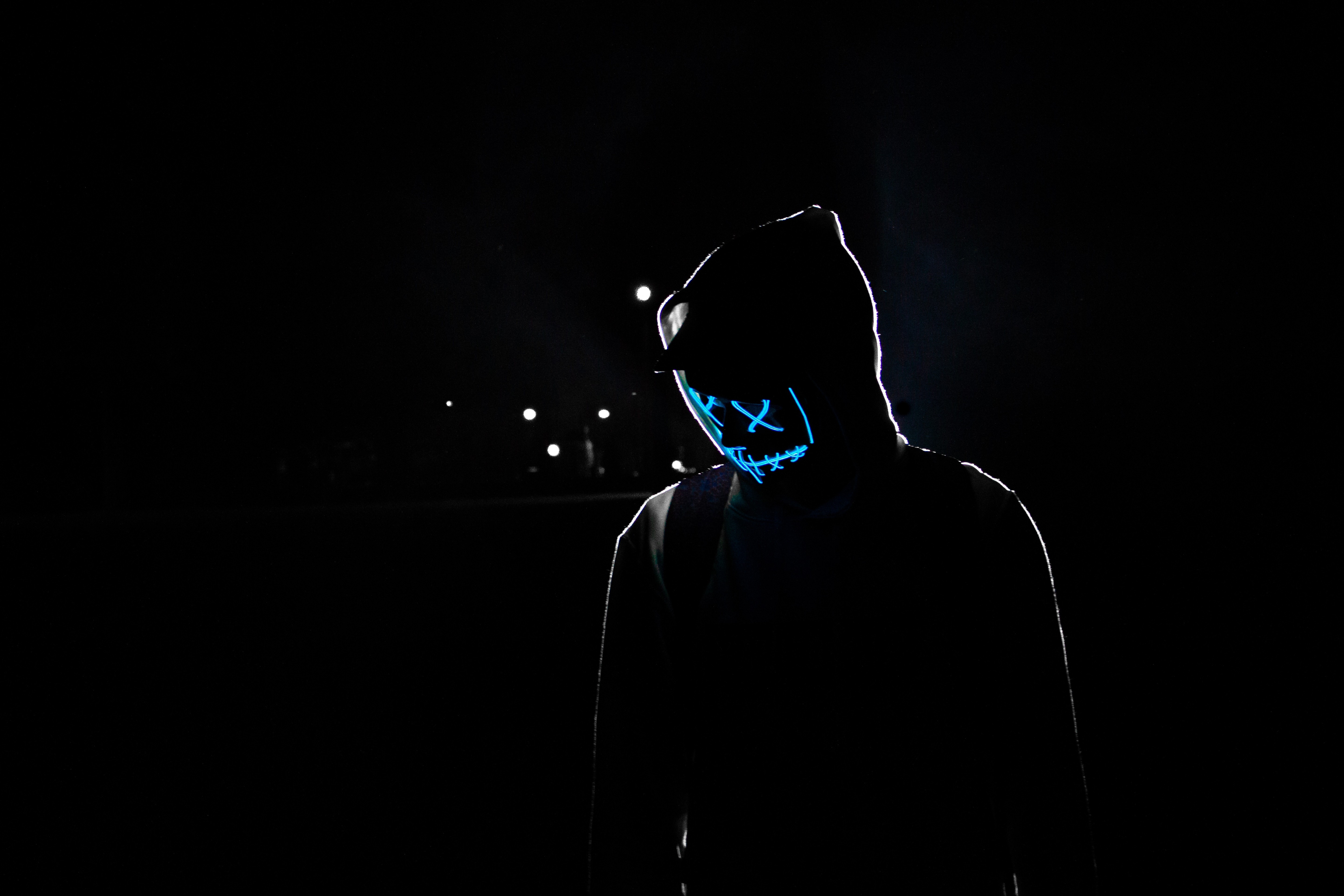 Download 5763x3843 Hoodie, Creepy Neon Mask, Dark Wallpaper