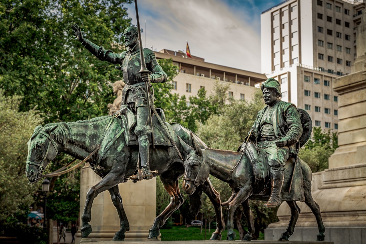 Desktop Wallpaper Madrid Horses Spain Man Monuments Don Quixote