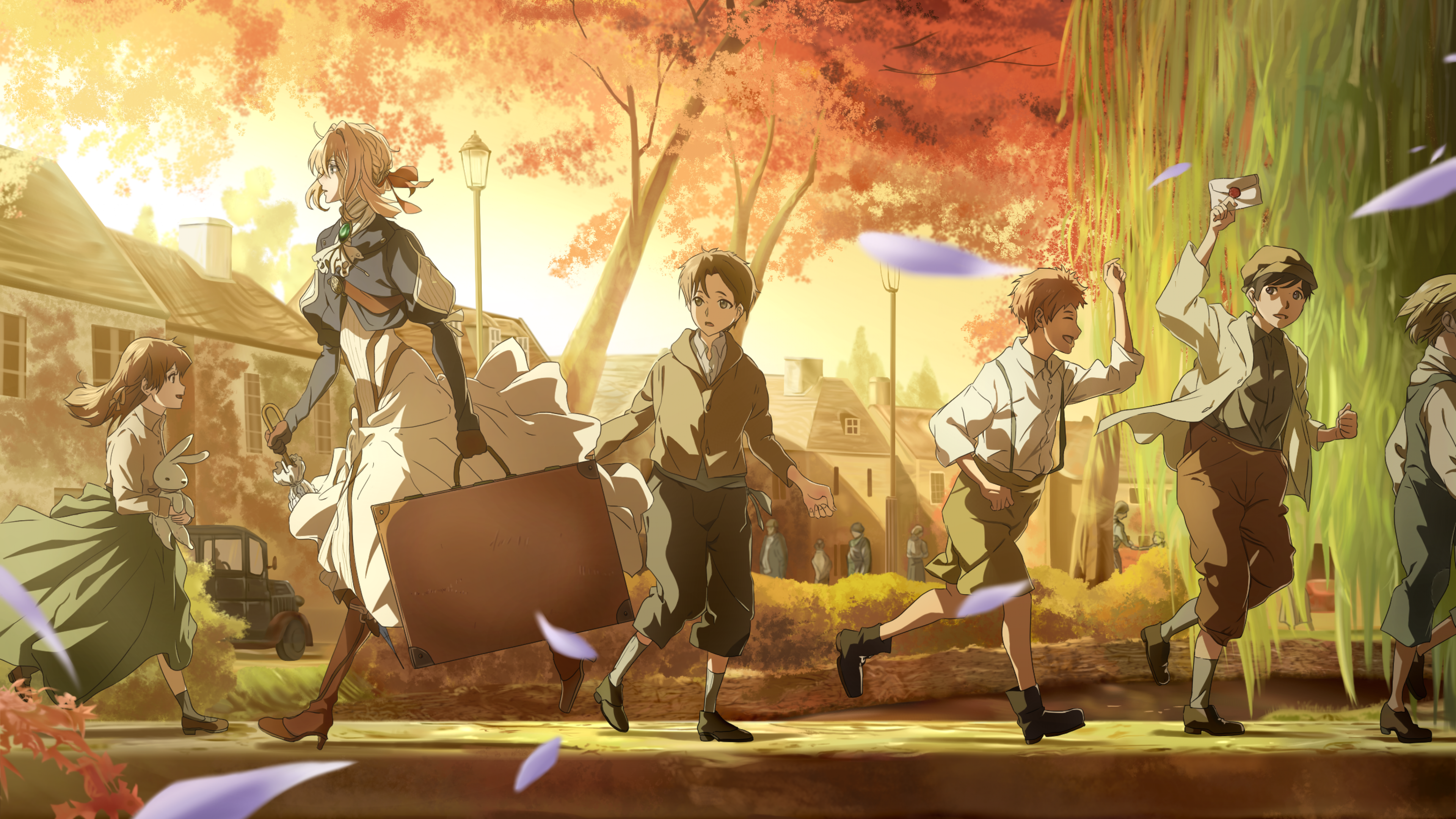 Download 3840x2160 Violet Evergarden, Walking, Sunset, Kids, Playful, Nostalgic, Autumn Wallpaper for UHD TV