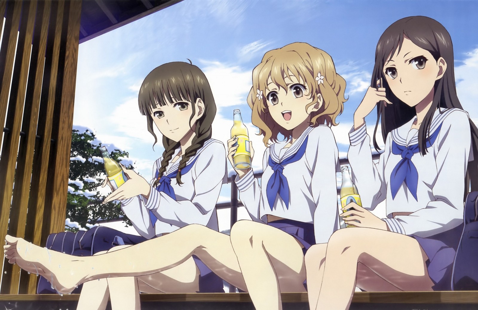 illustration, anime, anime girls, cartoon, school uniform, Hanasaku Iroha, Matsumae Ohana, Oshimizu Nako, Tsurugi Minko, screenshot, mangaka. Mocah HD Wallpaper