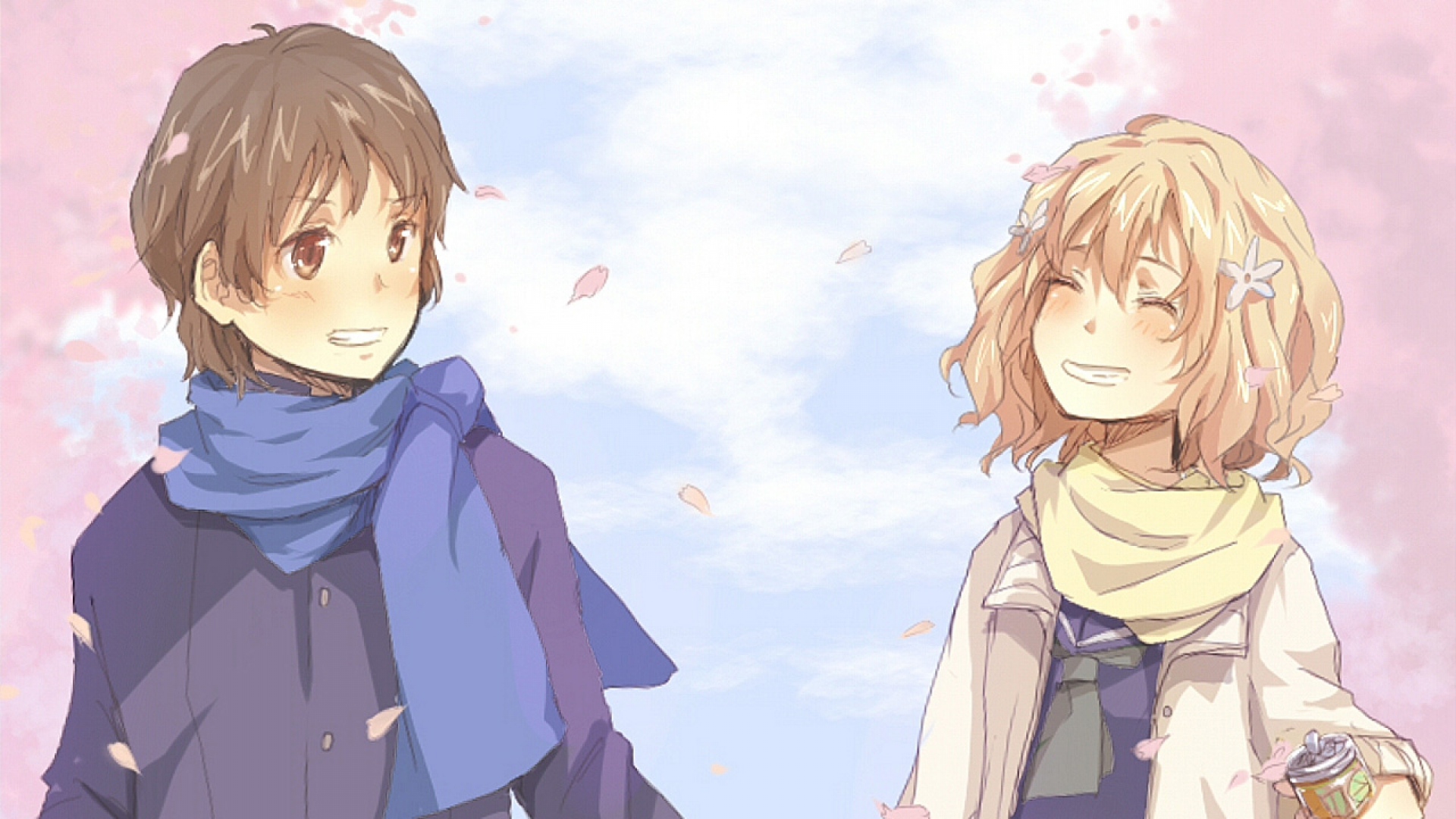 Download Wallpaper 1920x1080 hanasaku iroha, matsumae ohana, tanemura kouichi, girl, guy, walks, petals Full HD 1080p HD Background