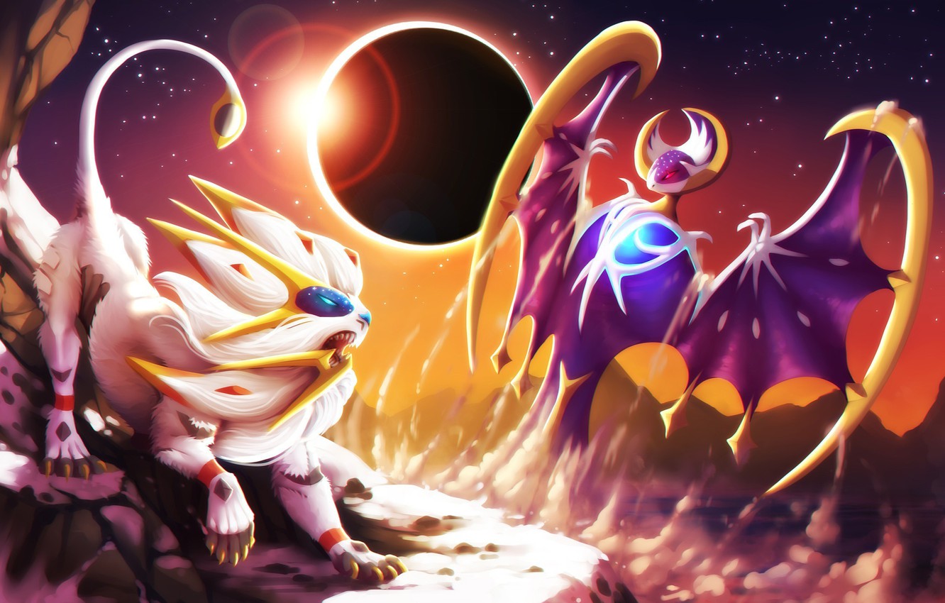 Wallpaper moon, game, wings, lion, dust, fight, Pokemon, Pokémon Sun & Moon, Pokémon, Pokémon Sun and Moon image for desktop, section игры