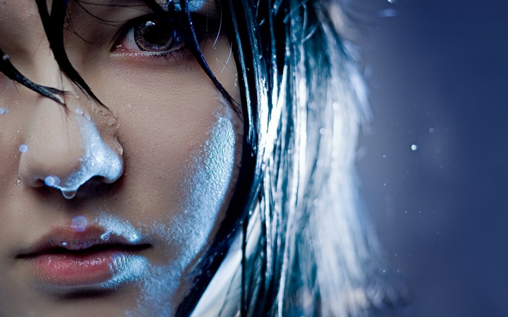 Wallpaper, face, model, portrait, Asian, water drops, closeup, blue, dark hair, Japanese women, emotion, skin, head, Kristina Kroete, color, girl, beauty, eye, woman, Sense, 1680x1050 px, photo shoot, human body, organ