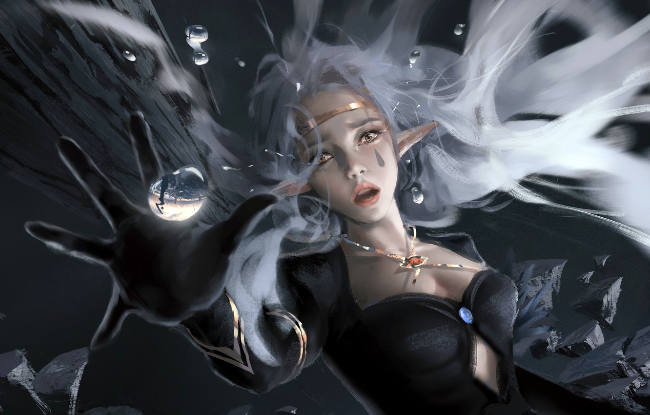 Wallpaper girl, fantasy, cleavage, water drops, face, painting, elf, reflection, digital art, artwork, fantasy art, fall, yellow eyes, necklace, white hair, falling image for desktop, section фантастика