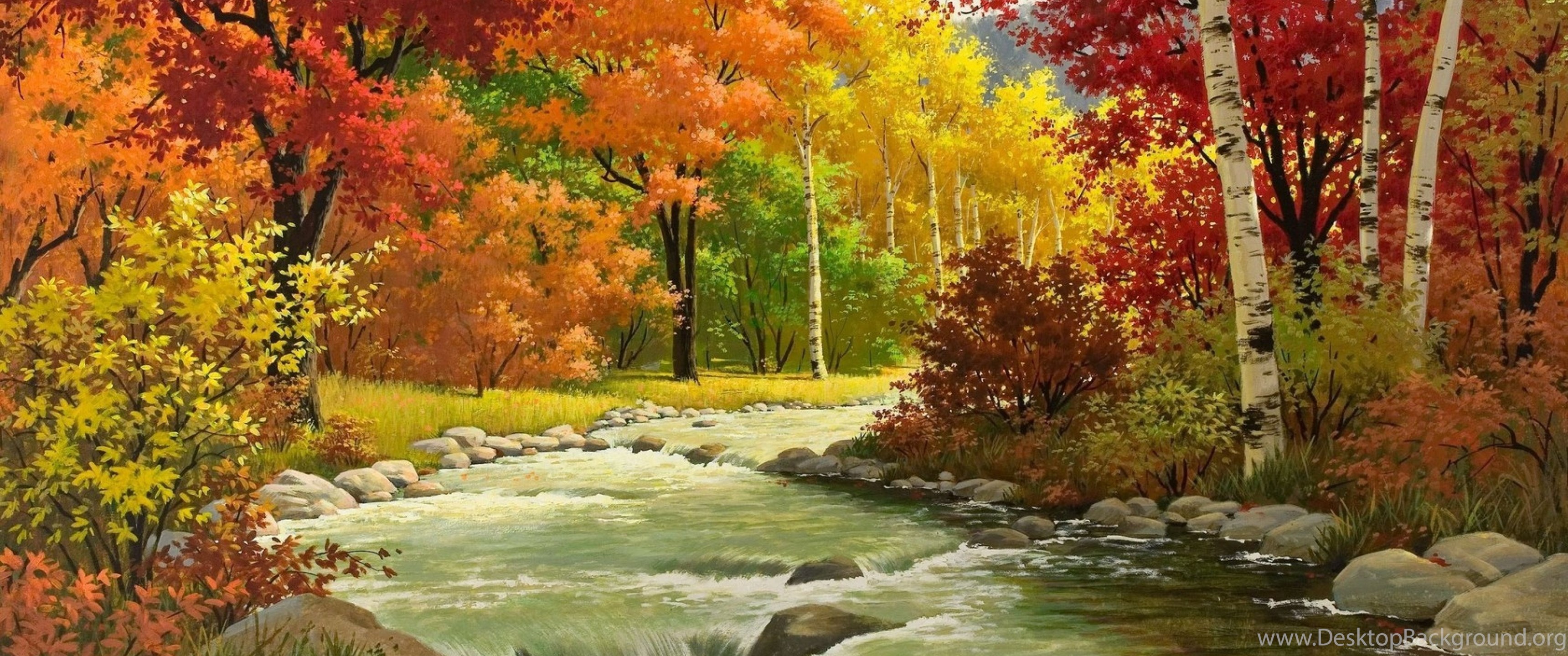 Download Wallpaper 3840x2160 Autumn, Landscape, Painting, River. Desktop Background