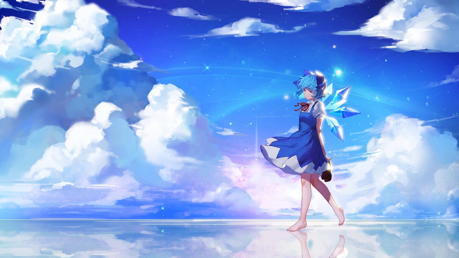Download 1920x1080 Cirno, Touhou, Walking, Beyond The Clouds, Crystals, Aqua Hair Wallpaper for Widescreen