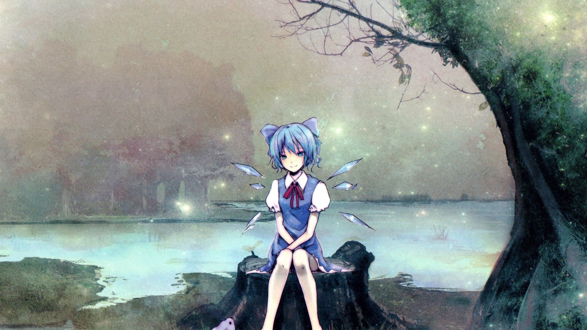 Desktop wallpaper cirno, touhou, anime girl, sit, outdoor, HD image, picture, background, 51e7b2