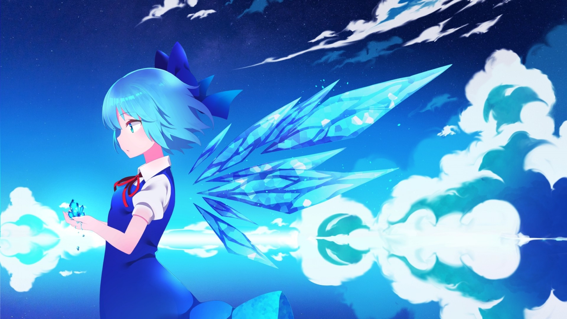 Download 1920x1080 Cirno, Touhou, Clouds, Crystal Wings, Profile View, Short Hair Wallpaper for Widescreen