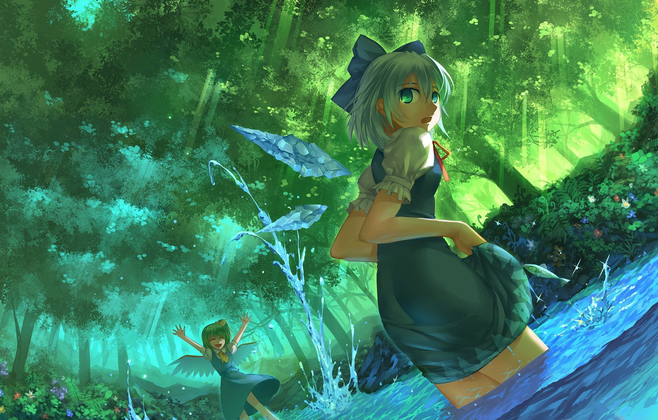 Wallpaper forest, fish, squirt, stream, wings, touhou, rays of light, art, Cirno, Madcocoon, Touhou Project, Project East, Daiyousei image for desktop, section игры