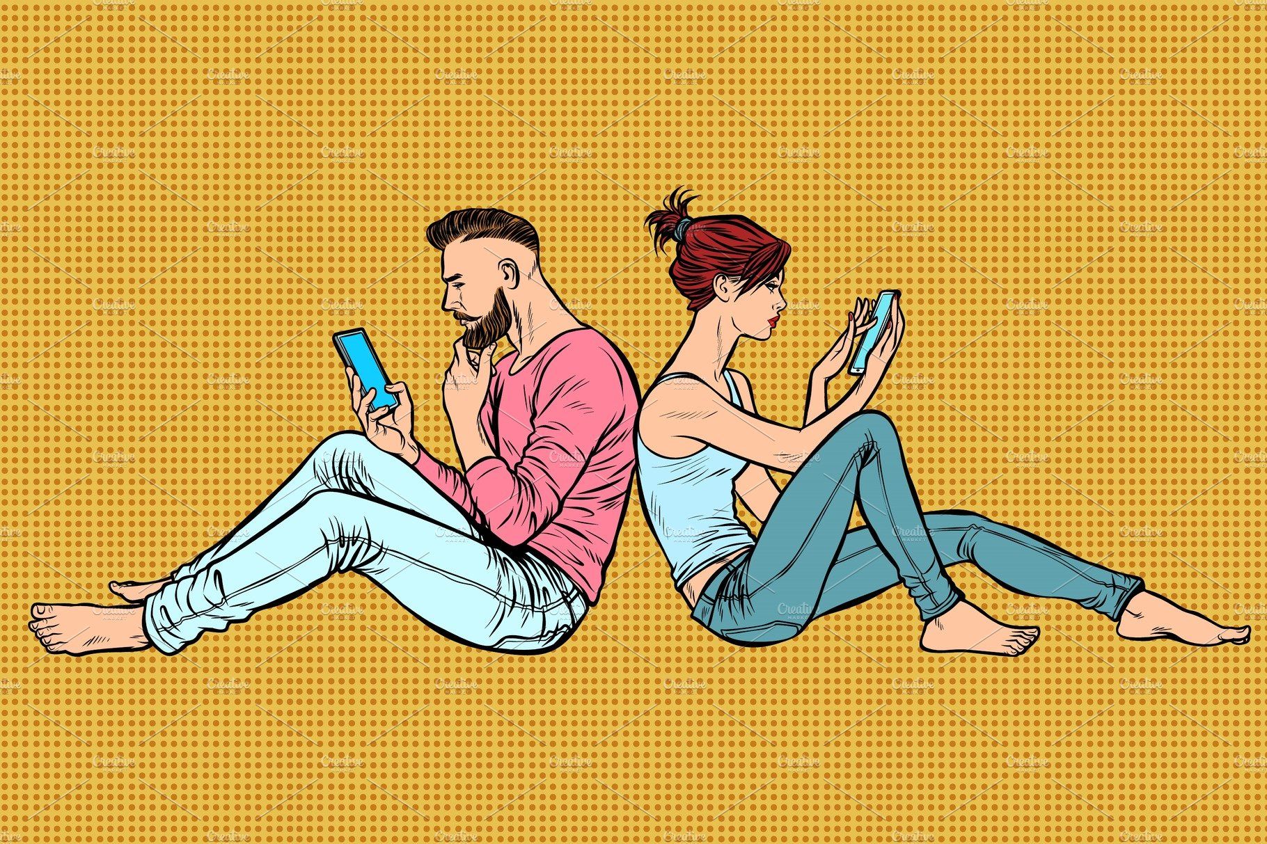 Couple of man and woman sitting back. Retro vector illustration, Pop art, Drawing people