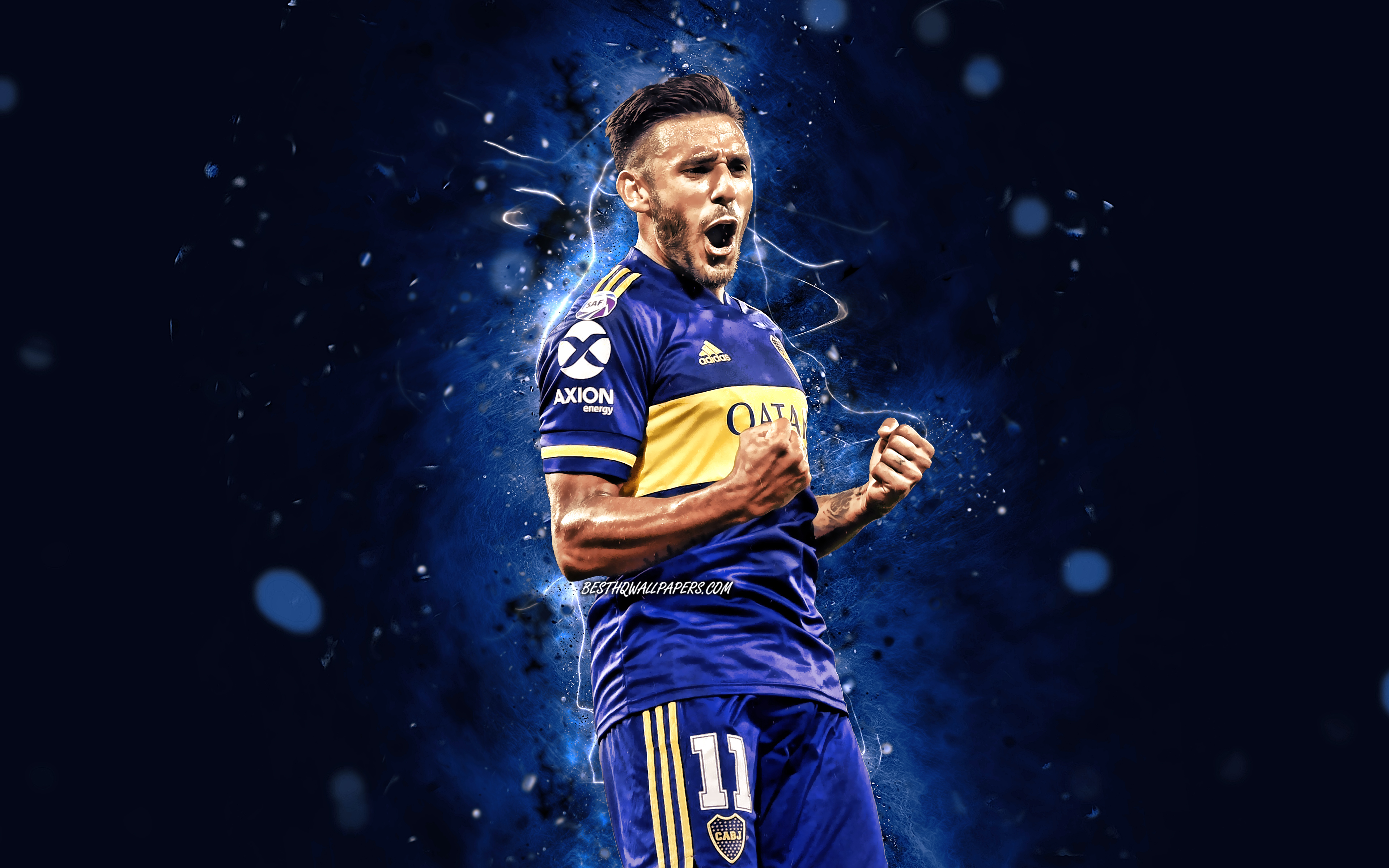Download wallpaper Eduardo Salvio, 4k, 2021, Boca Juniors FC, soccer, argentine footballers, AAAJ, Eduardo Antonio Salvio, blue neon lights, Eduardo Salvio Boca Juniors, Argentinean Superliga, Eduardo Salvio 4K for desktop with resolution