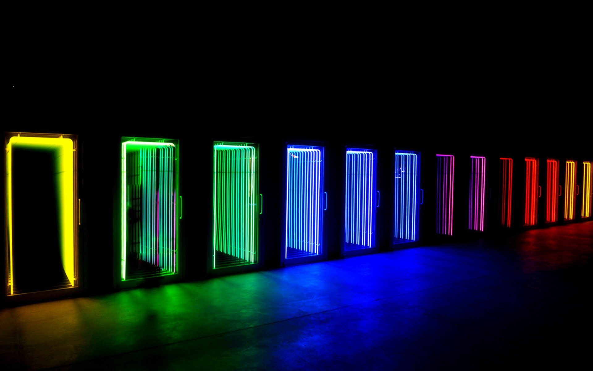 Wallpaper, lights, colorful, night, reflection, blue, rainbows, door, neon sign, light, color, lighting, shape, line, darkness, computer wallpaper, font, display device, signage 1920x1200