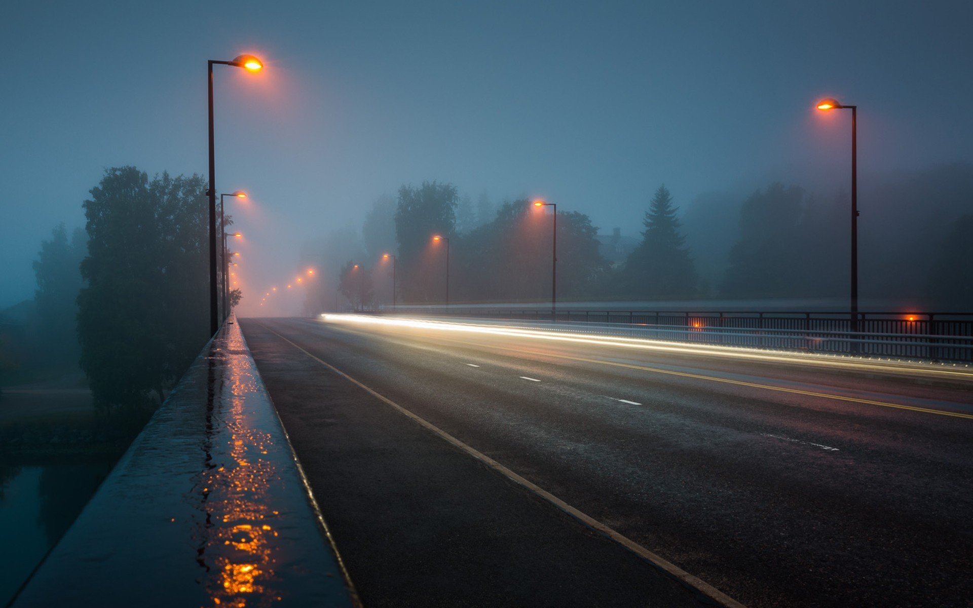 night street cityscape long exposure road lights mist rain wallpaper