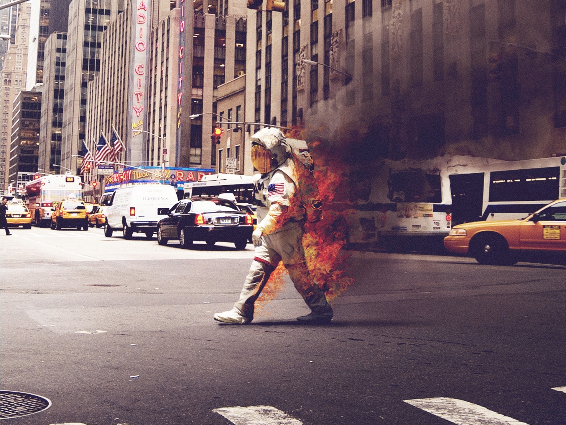 Download Wallpaper, Download cityscapes streets fire nasa astronauts roads american flag on fire jack crossing 1920x1440 wallp People HD Wallpaper, Hi Res People Wallpaper, High Definition Wallpaper