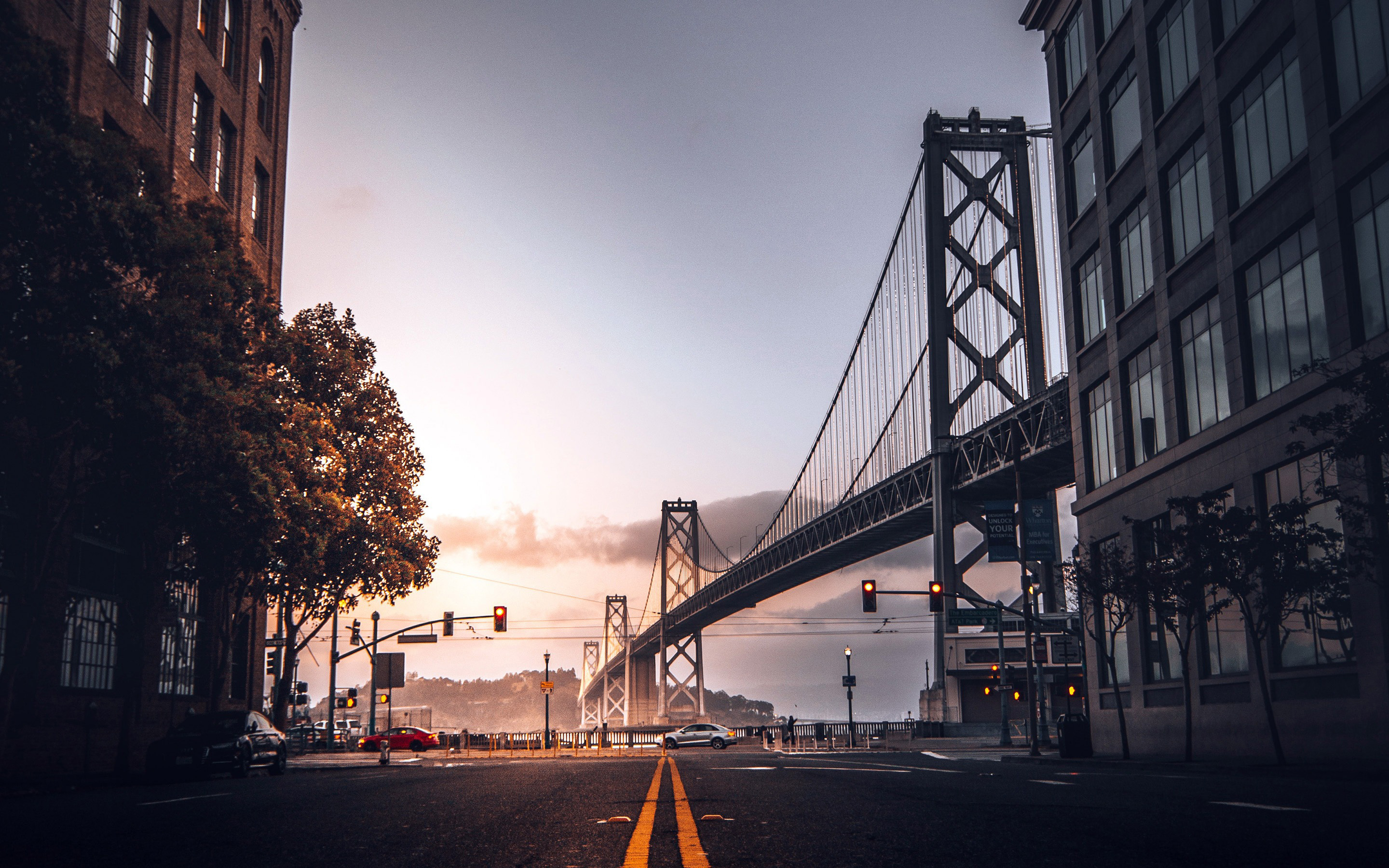 Download wallpaper Golden Gate Bridge, road, San Francisco, street, american cities, California, City of San Francisco, sunset, USA, bridges, Cities of California, America, San Francisco in evening for desktop with resolution 2880x1800