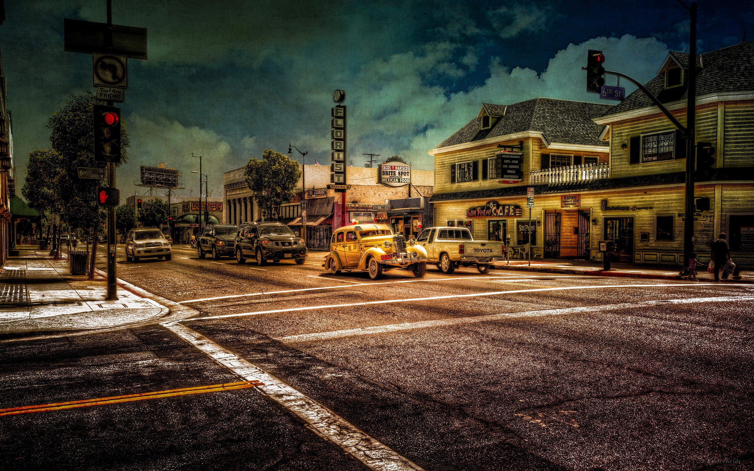 Cars at the traffic light in a small American town Desktop wallpaper 1280x720