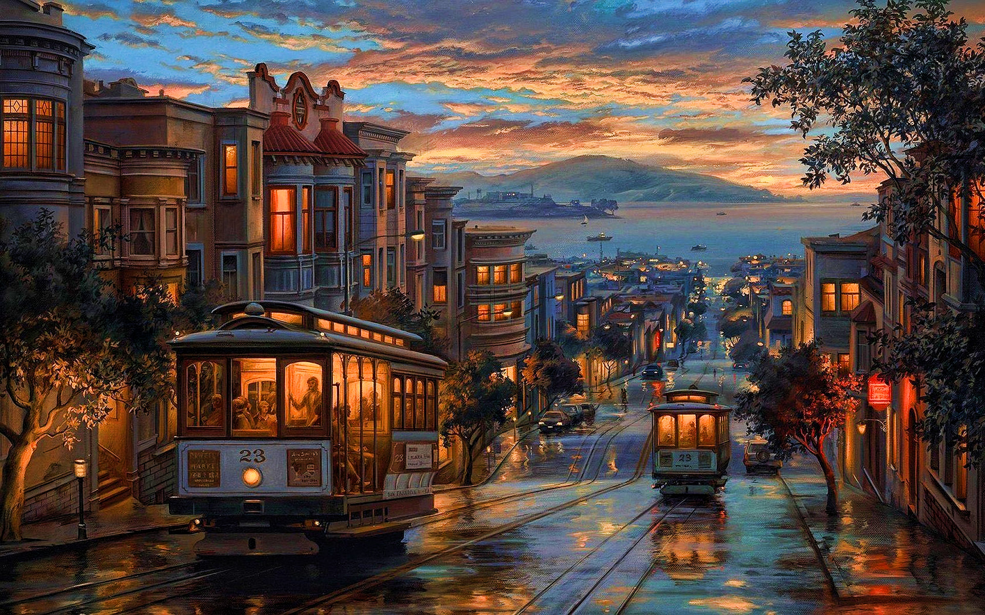 Download wallpaper San Francisco, artwork, trams, street, hills, american cities, California, Drawn San Francisco, City of San Francisco, USA, Cities of California, America for desktop with resolution 1920x1200. High Quality HD picture