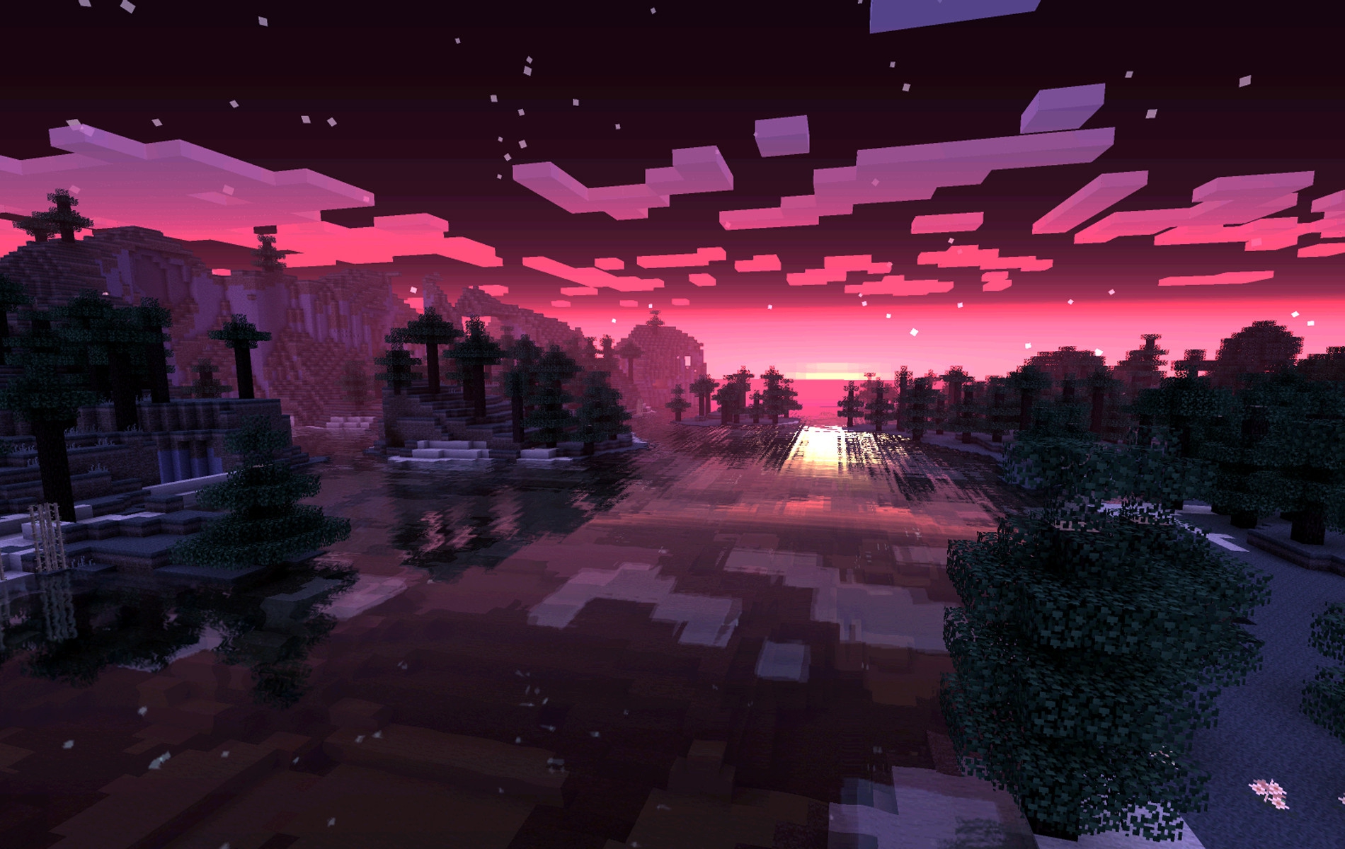 water sunsets trees islands minecraft 1900x1200 wallpaper