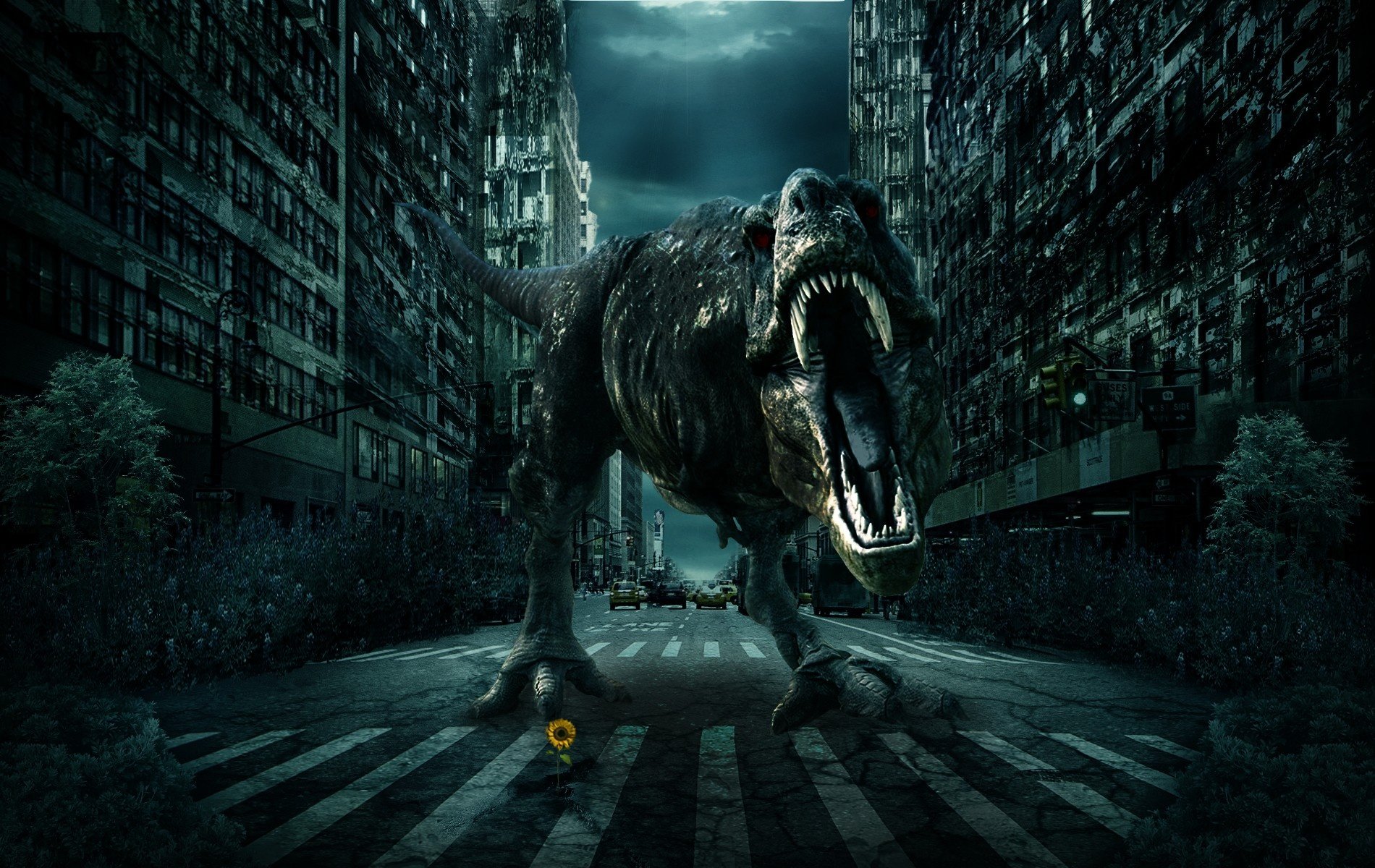 city, Road, Dinosaur, 3D, Fantasy, Monster Wallpaper HD / Desktop and Mobile Background