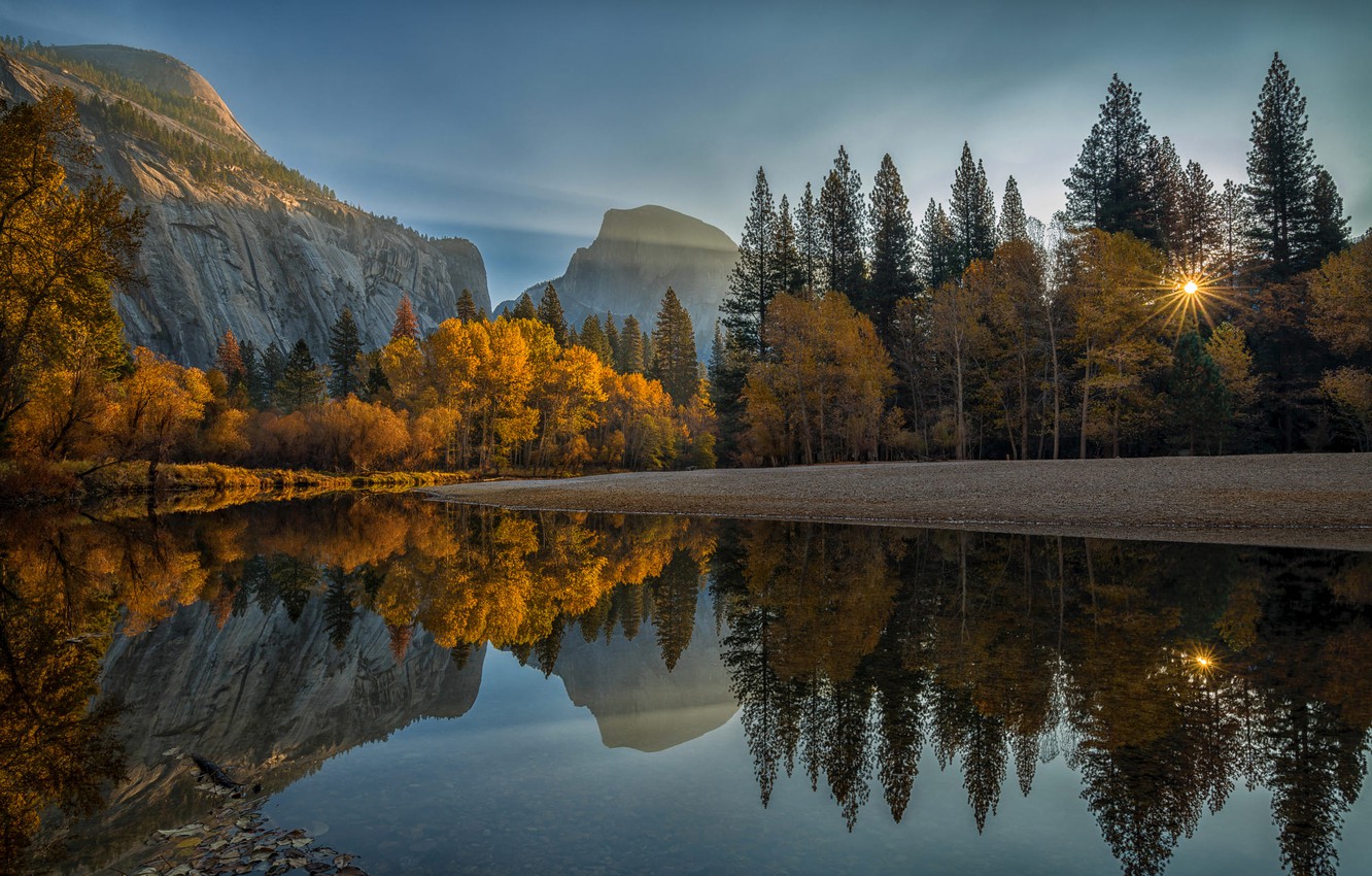 Wallpaper autumn, the sun, rays, landscape, mountains, nature, lake, reflection, USA, Yosemite, national Park, Yosemite National Park image for desktop, section пейзажи