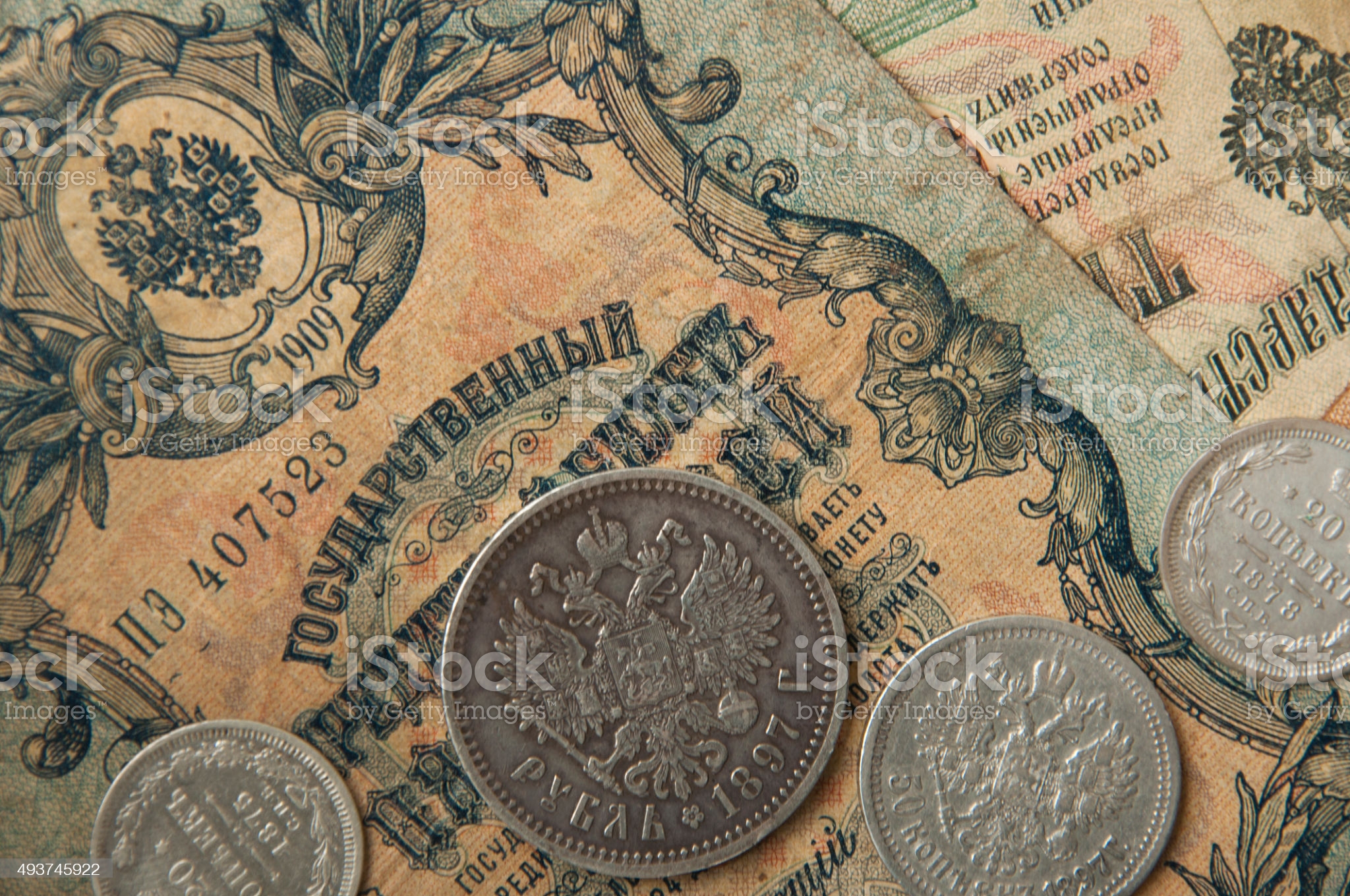 ancient Russian, silver coins, old banknotes wallpaper with old money