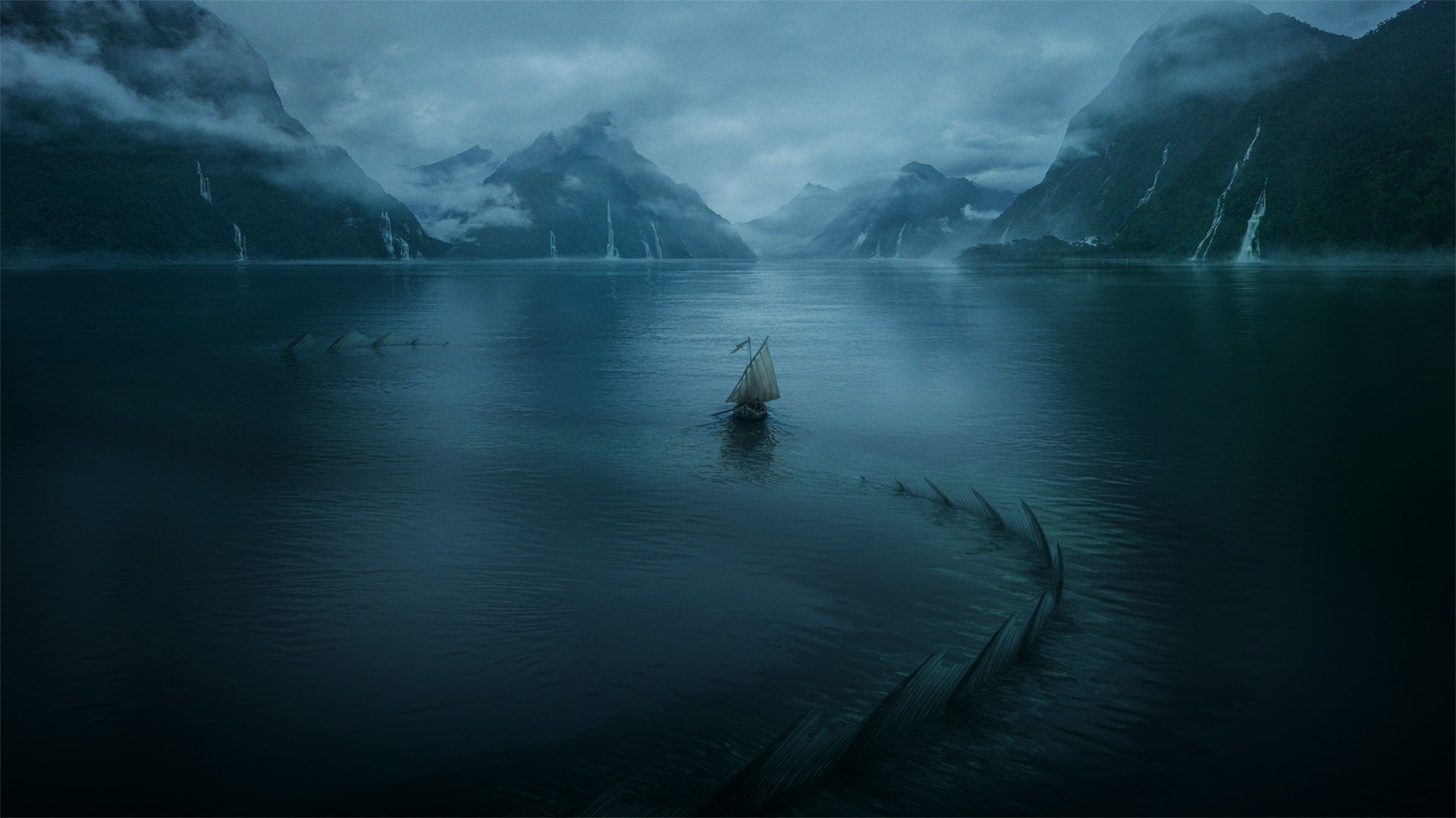 digital art, Mountains, Lake, Ship, Sea monsters, Mist HD Wallpaper / Desktop and Mobile Image & Photo
