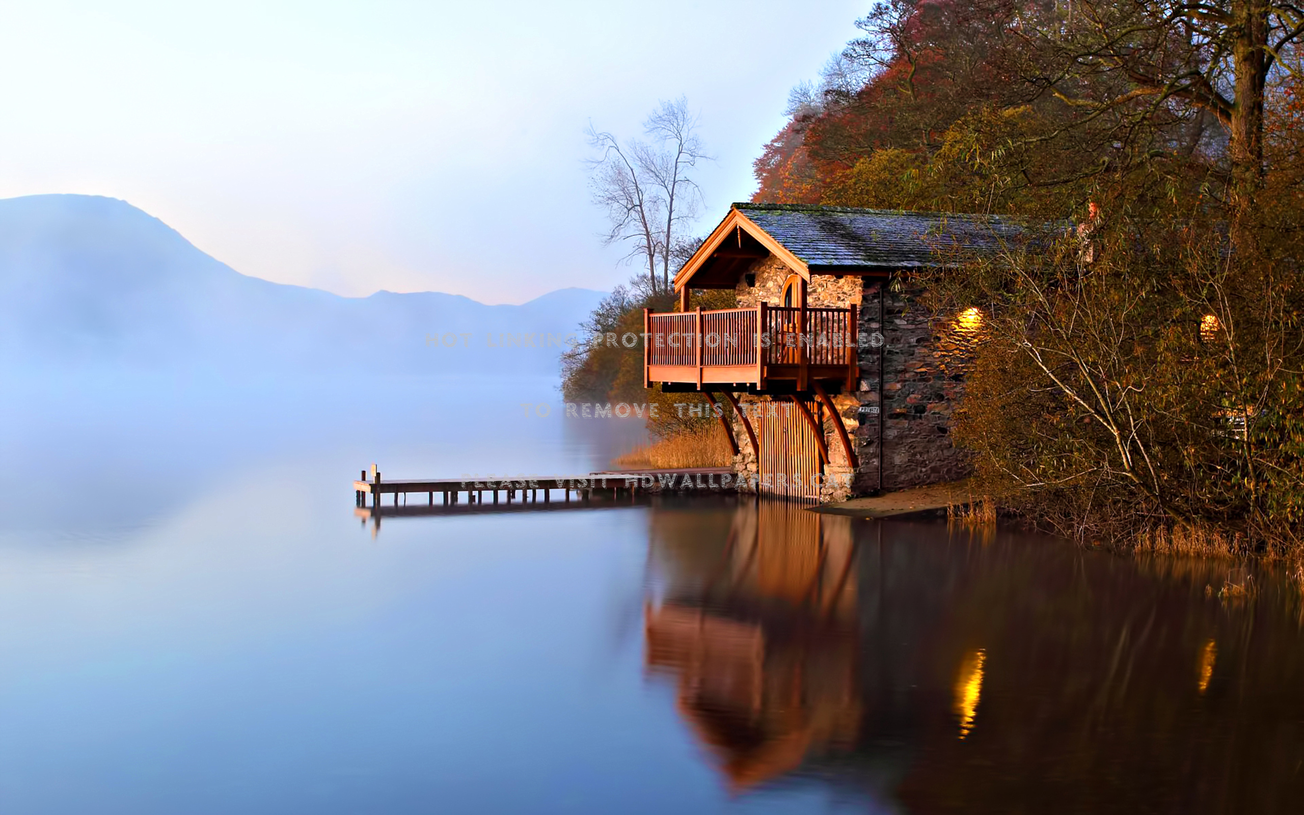 lake house foggy picture mist mountains boat