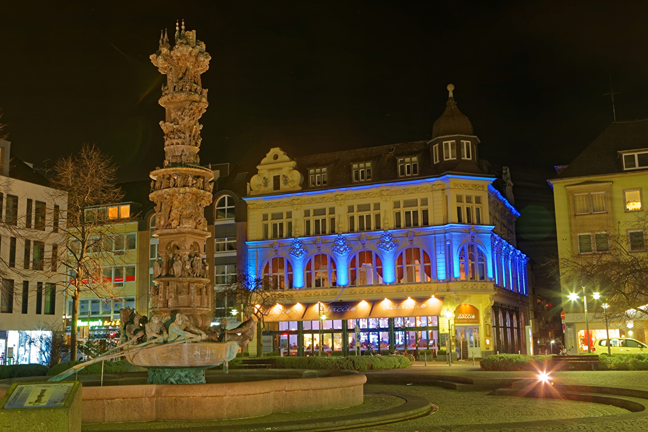 Photos Germany Fountains Koblenz night time Houses Cities