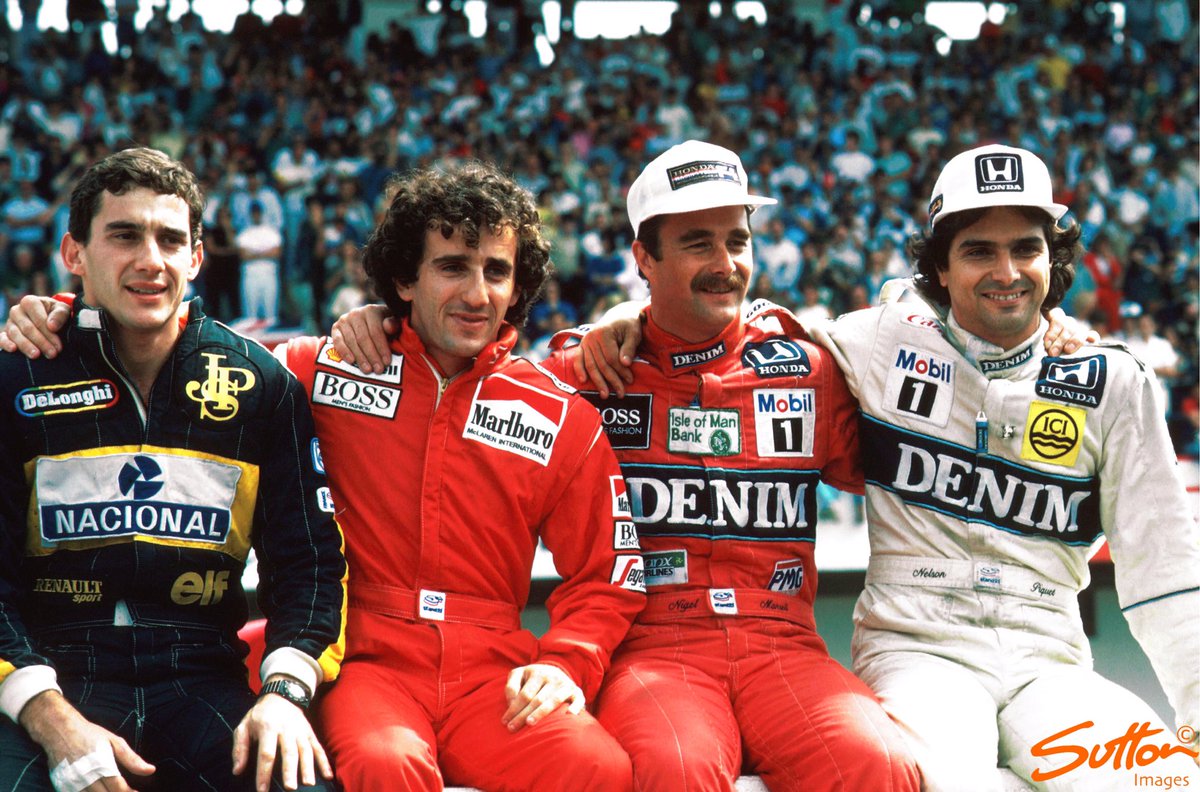 Motorsport Image world champions Senna, Alain Prost, Nigel Mansell, and Nelson Piquet pose ahead of the 1986 Portuguese Grand Prix #F1